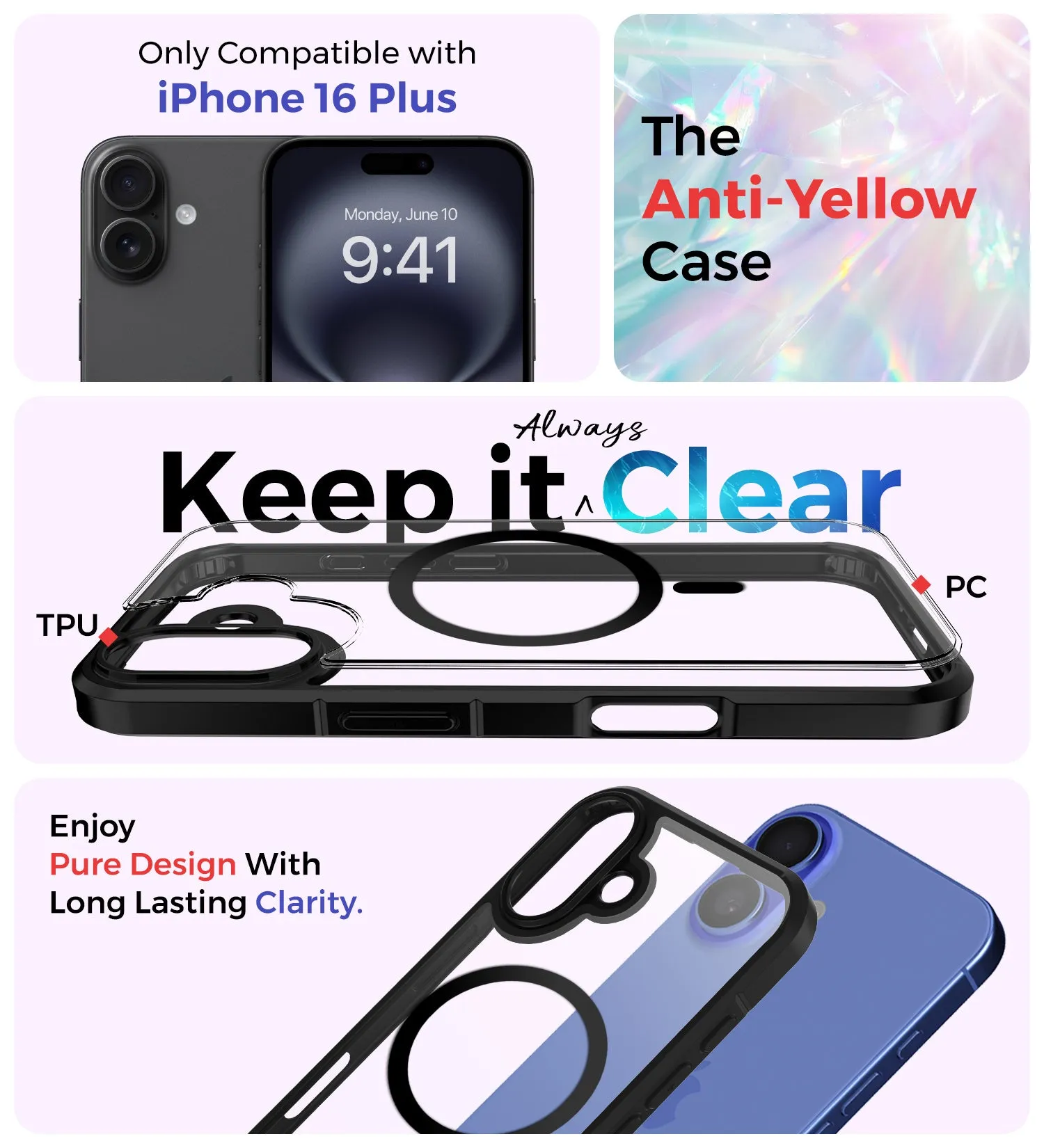 Ice Crystal MagSnap Series [Anti Yellow], Hybrid Transparent PC Military Grade TPU Back Cover for Apple iPhone 16 Plus, 6.7 inch, (Transparent Black)