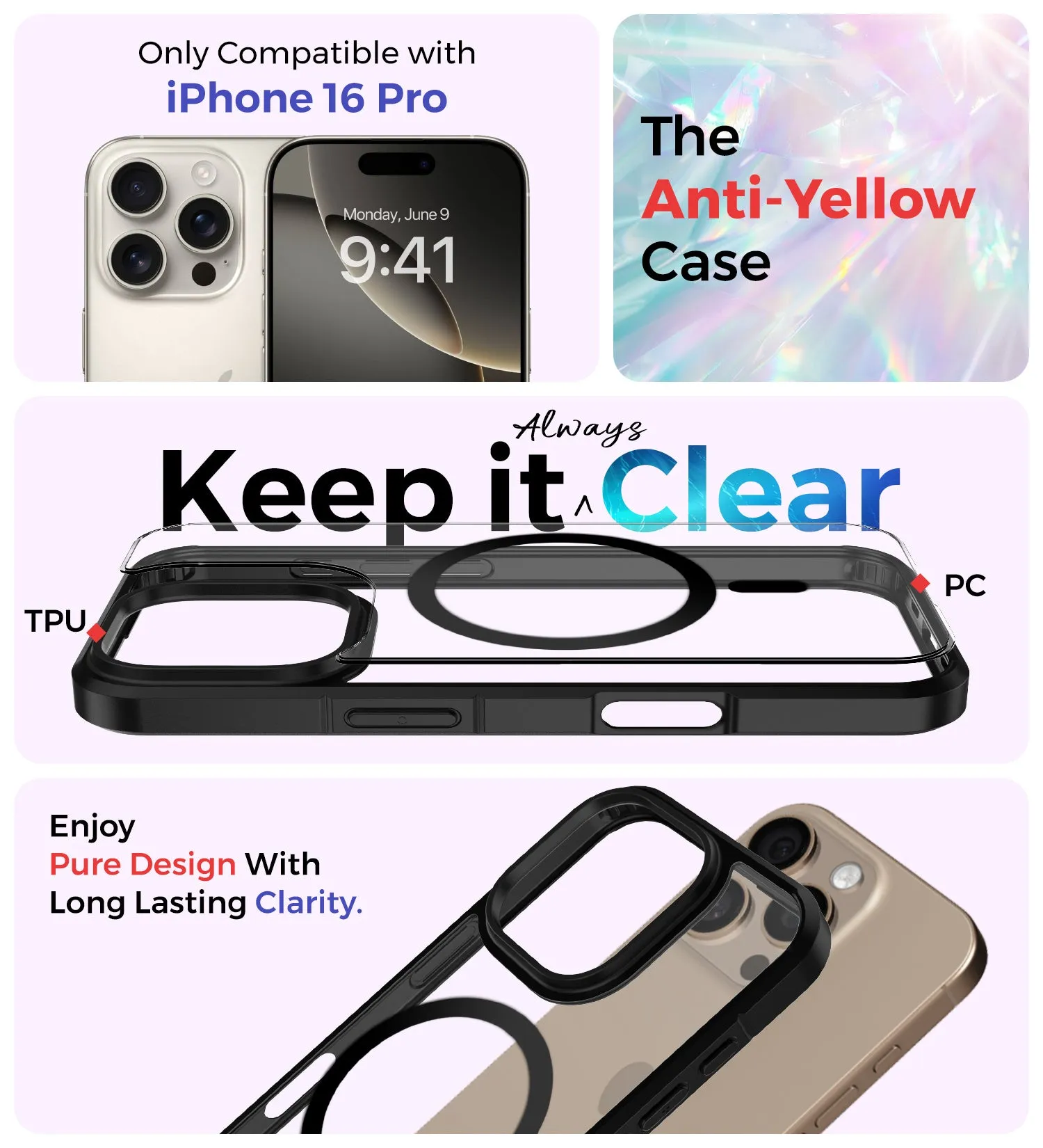 Ice Crystal MagSnap Series [Anti Yellow], Hybrid Transparent PC Military Grade TPU Back Cover for Apple iPhone 16 Pro, 6.3 inch, (Transparent Black)