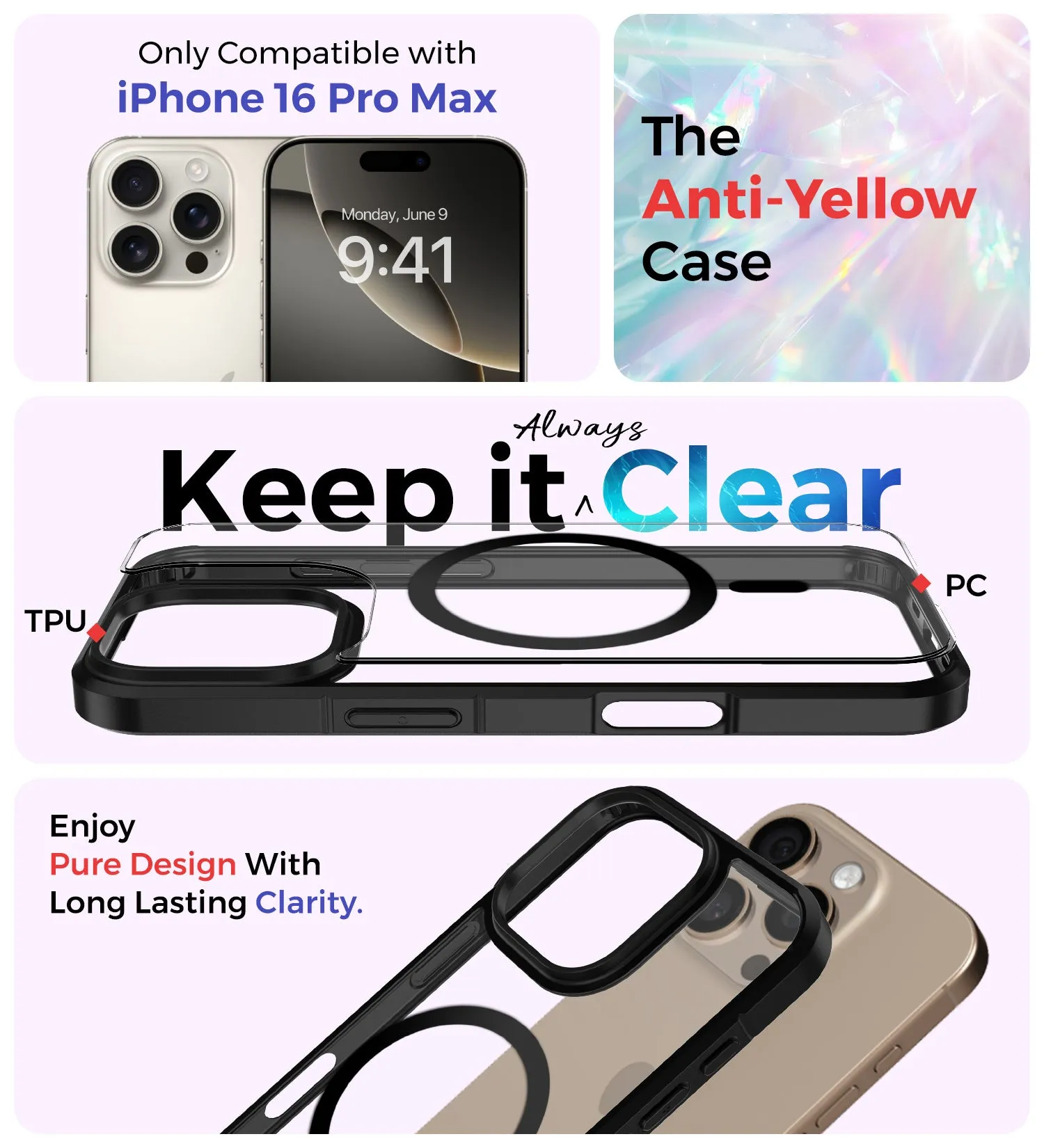 Ice Crystal MagSnap Series [Anti Yellow], Hybrid Transparent PC Military Grade TPU Back Cover for Apple iPhone 16 Pro Max, 6.9 inch, (Transparent Black)