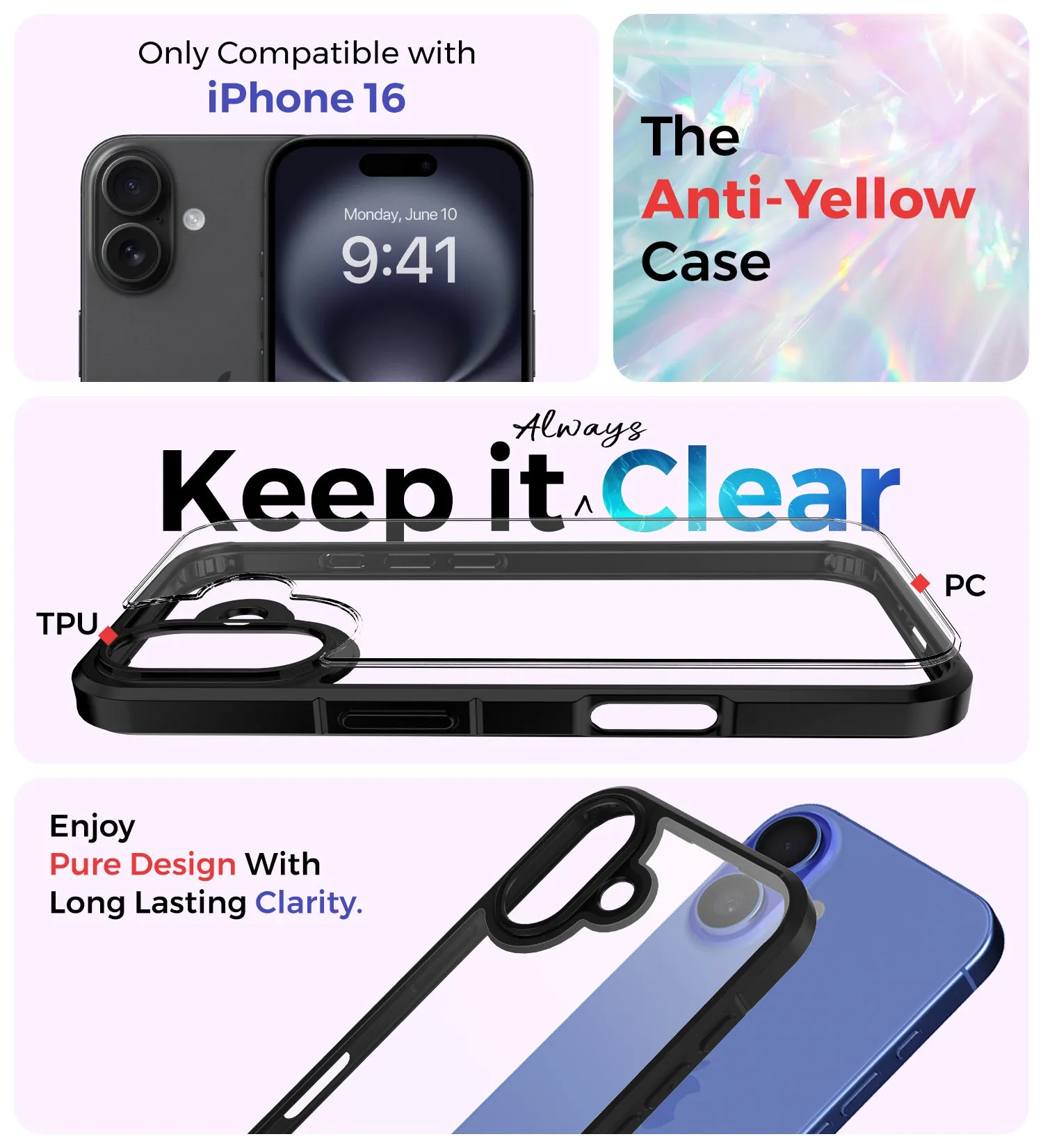 Ice Crystal Series Anti Yellow, Hybrid Transparent PC Military Grade TPU Back Cover for Apple iPhone 16, 6.1 inch, (Transparent Black)
