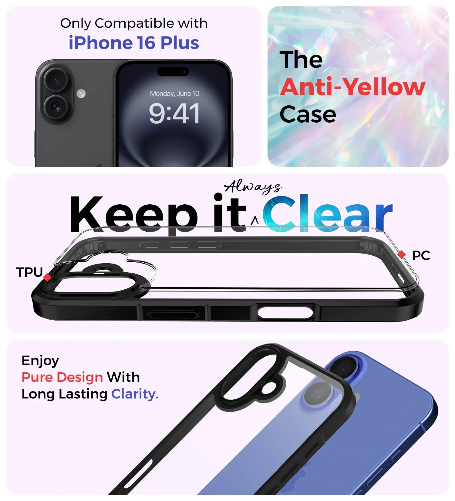 Ice Crystal Series Anti Yellow, Hybrid Transparent PC Military Grade TPU Back Cover for Apple iPhone 16 Plus, 6.7 inch, (Transparent Black)