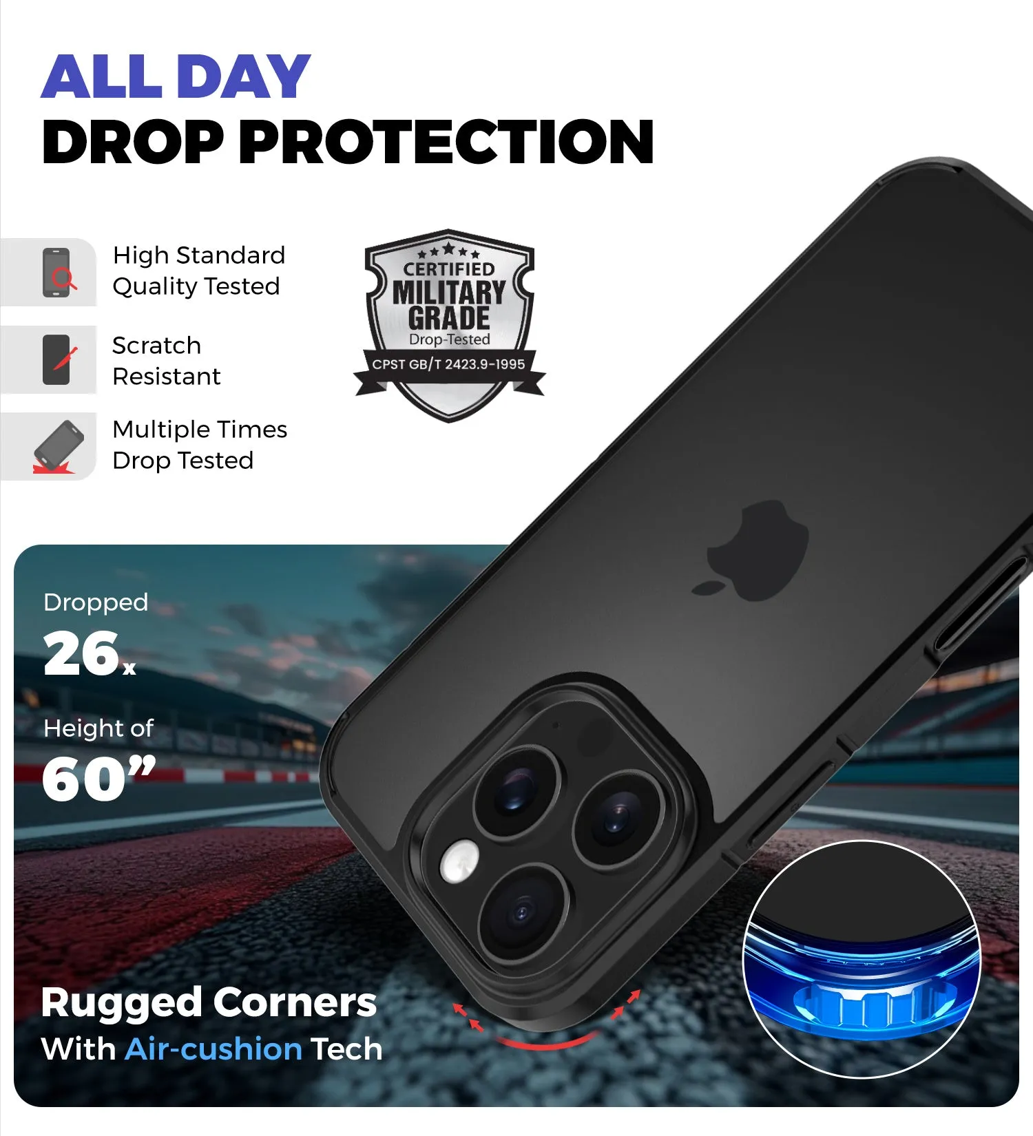 Ice Crystal Series Anti Yellow, Hybrid Transparent PC Military Grade TPU Back Cover for Apple iPhone 16 Pro, 6.3 inch, (Transparent Black)