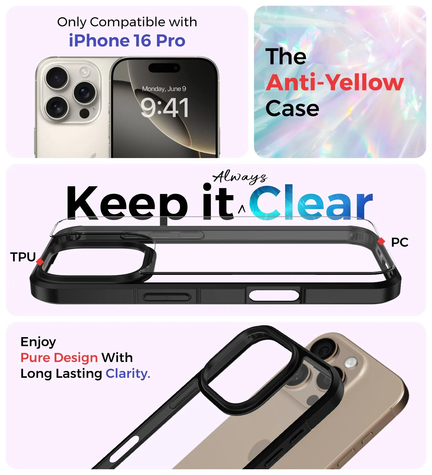 Ice Crystal Series Anti Yellow, Hybrid Transparent PC Military Grade TPU Back Cover for Apple iPhone 16 Pro, 6.3 inch, (Transparent Black)