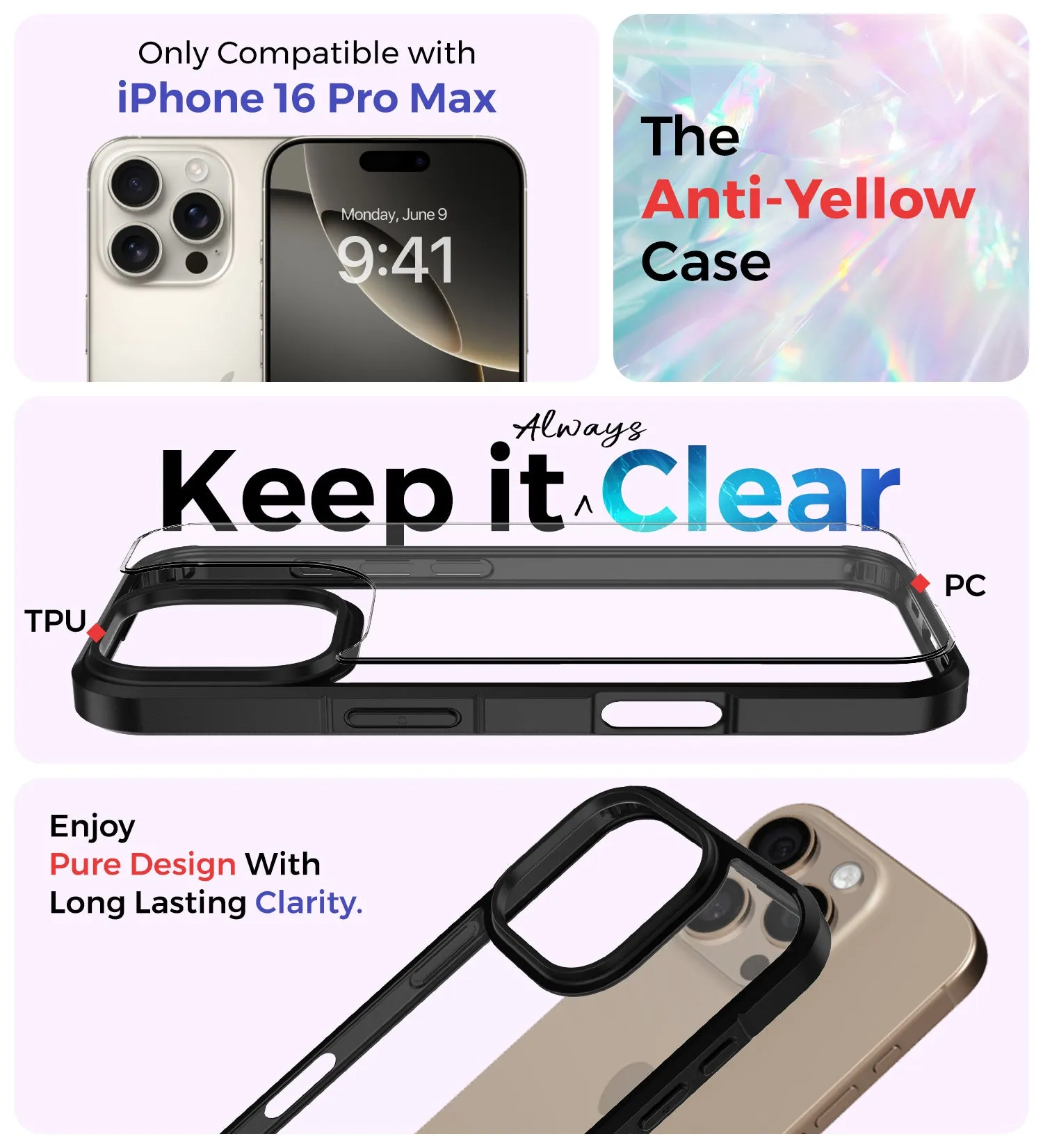Ice Crystal Series Anti Yellow, Hybrid Transparent PC Military Grade TPU Back Cover for Apple iPhone 16 Pro Max, 6.9 inch, (Transparent Black)