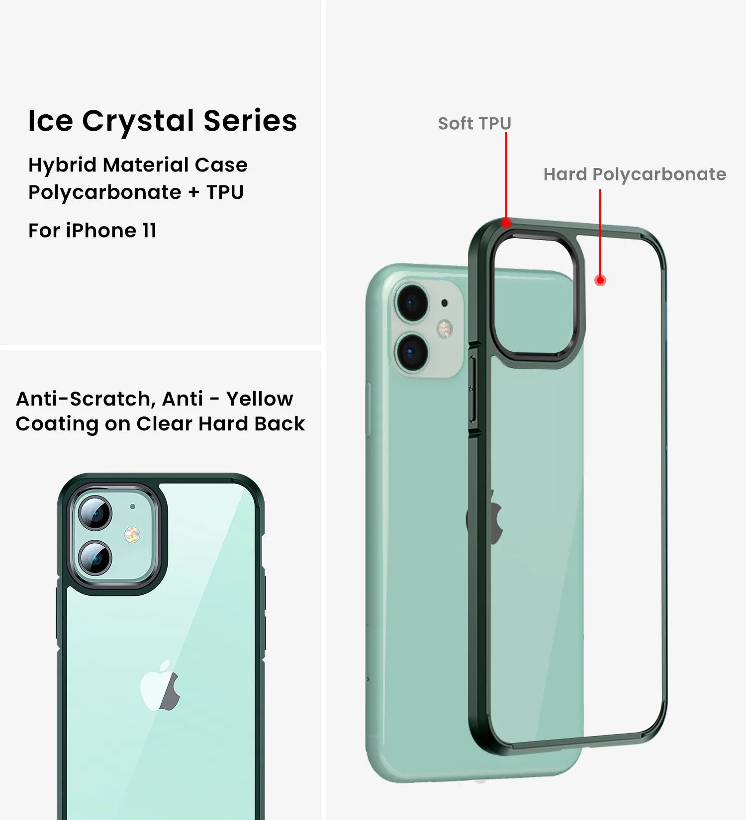 Ice Crystal Series Hybrid Scratch-Resistant Transparent PC Military Grade TPU Back Case for Apple iPhone 11, 6.1 inch, Military Green