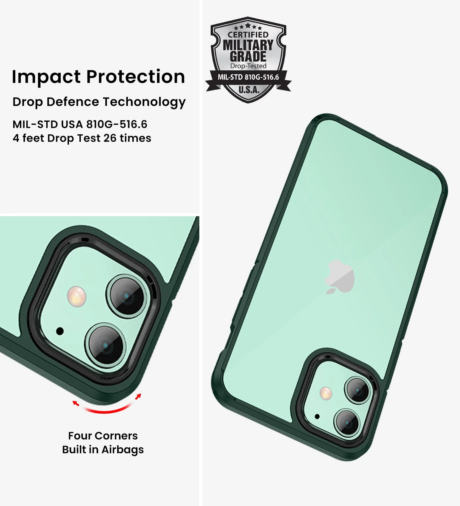 Ice Crystal Series Hybrid Scratch-Resistant Transparent PC Military Grade TPU Back Case for Apple iPhone 11, 6.1 inch, Military Green