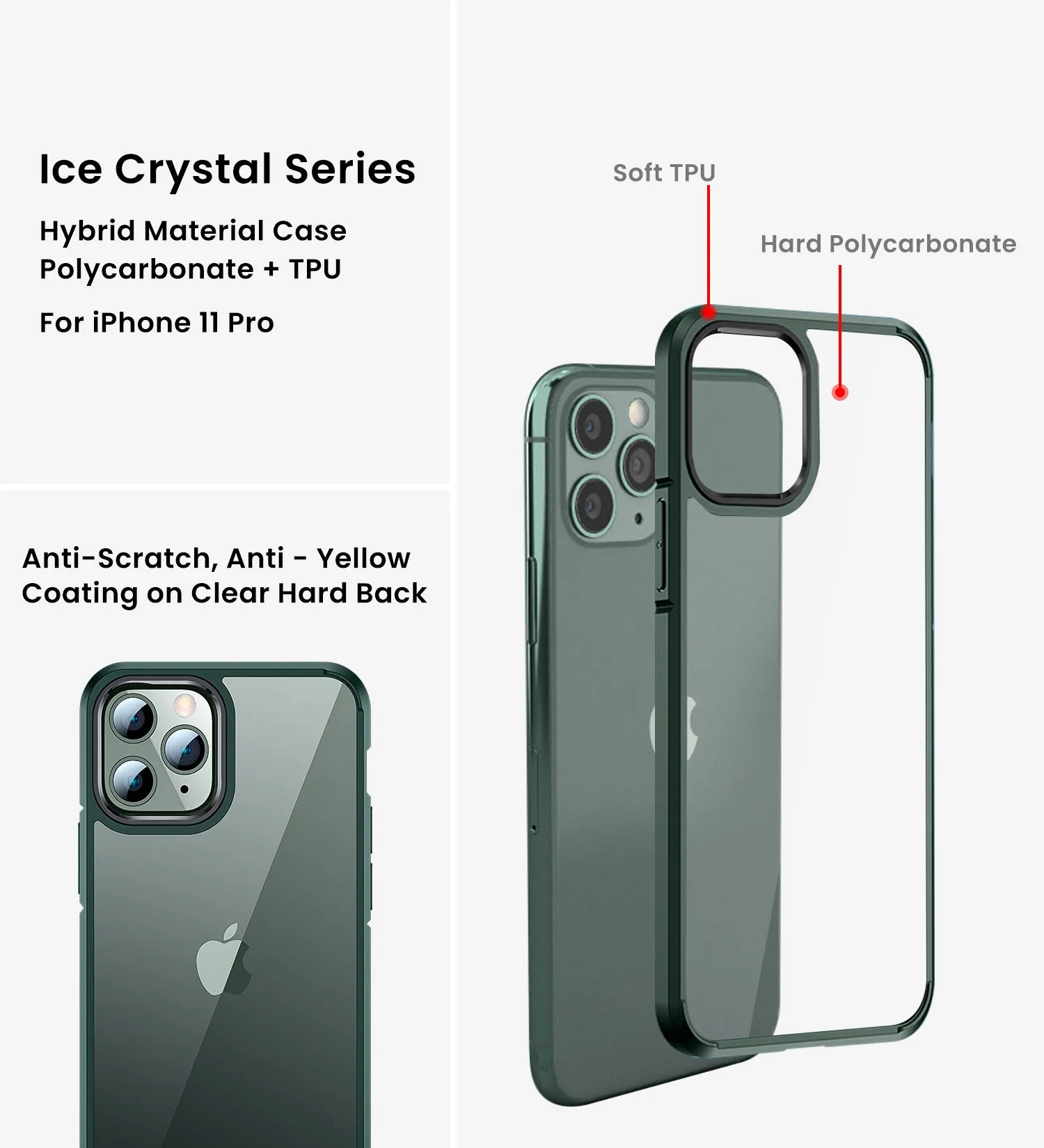 Ice Crystal Series Hybrid Scratch-Resistant Transparent PC Military Grade TPU Back Case for Apple iPhone 11 Pro, 5.8 inch, Military Green