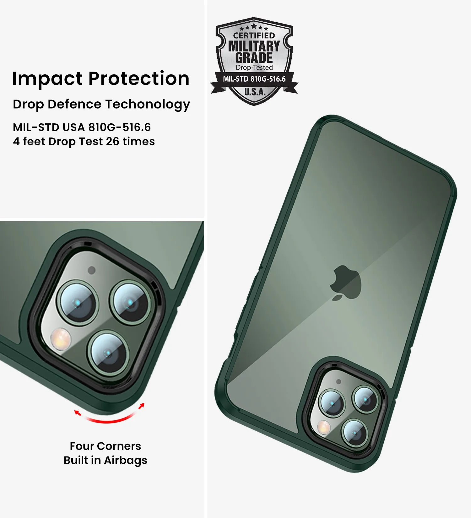 Ice Crystal Series Hybrid Scratch-Resistant Transparent PC Military Grade TPU Back Case for Apple iPhone 11 Pro Max, 6.5 inch, Military Green