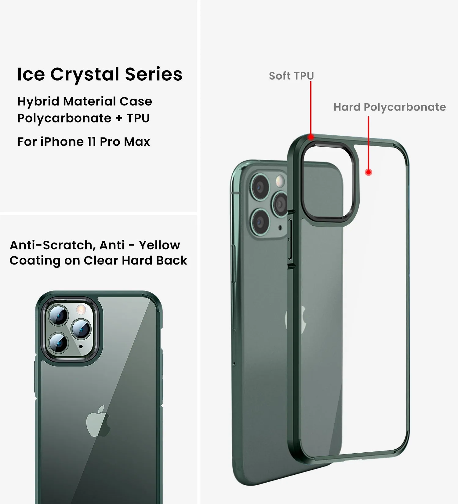 Ice Crystal Series Hybrid Scratch-Resistant Transparent PC Military Grade TPU Back Case for Apple iPhone 11 Pro Max, 6.5 inch, Military Green