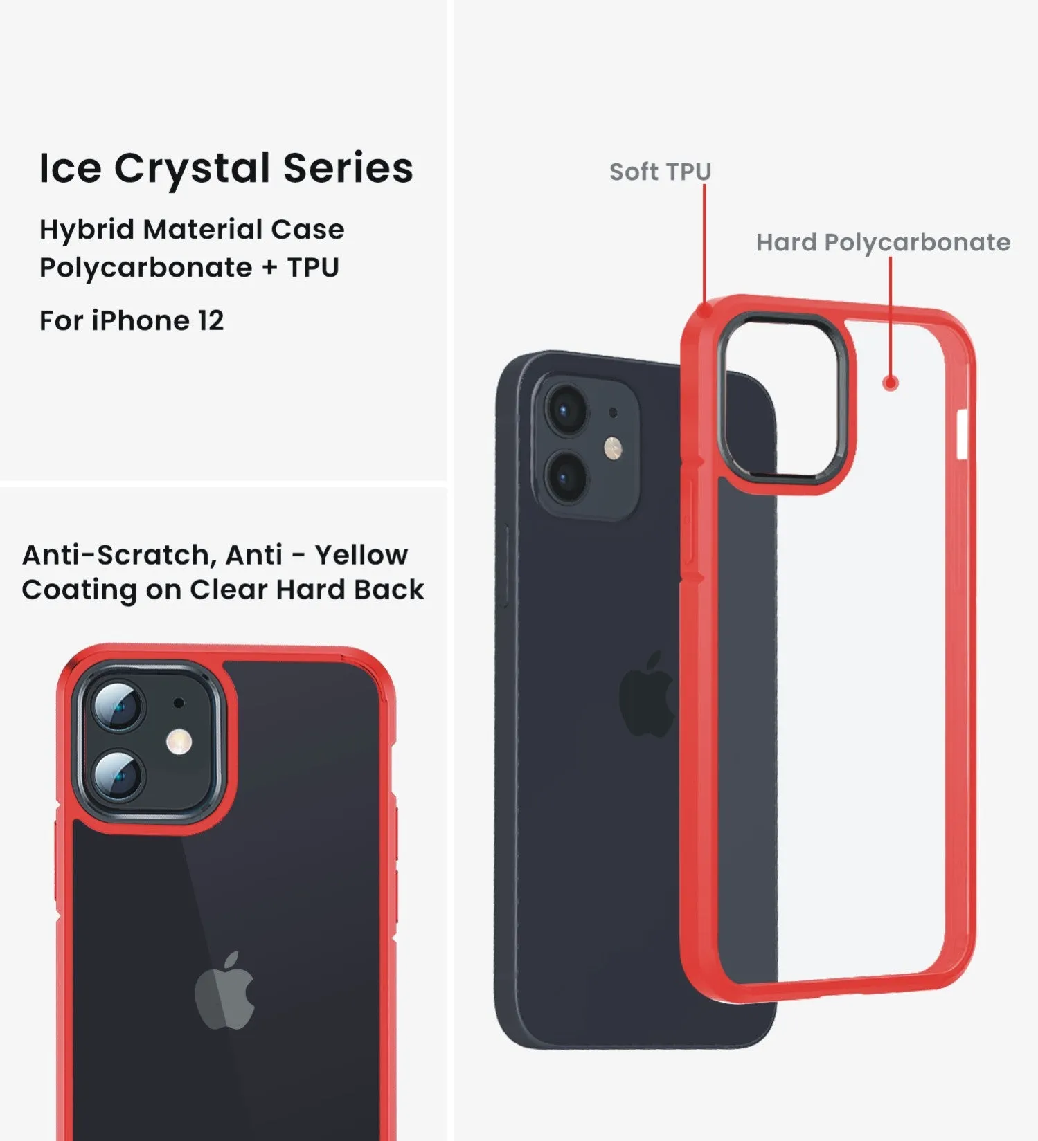 Ice Crystal Series Hybrid Scratch-Resistant Transparent PC Military Grade TPU Back Case for Apple iPhone 12, 6.1 inch, Real Red