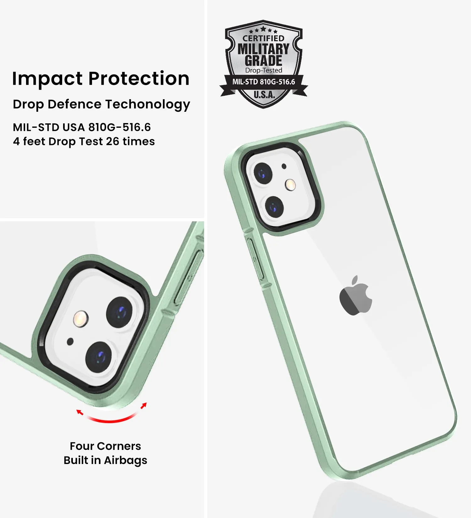 Ice Crystal Series Hybrid Scratch-Resistant Transparent PC Military Grade TPU Back Case for Apple iPhone 12 Mini, 5.4 inch, Light Green