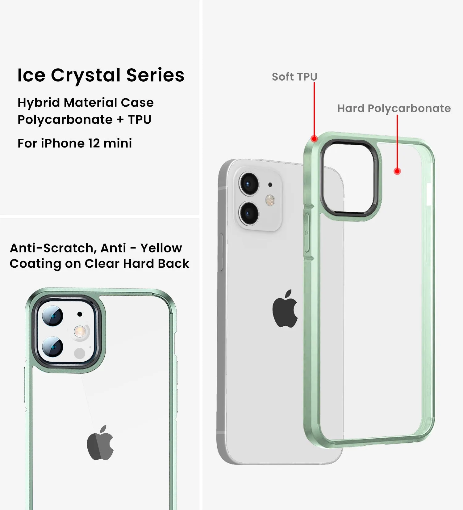 Ice Crystal Series Hybrid Scratch-Resistant Transparent PC Military Grade TPU Back Case for Apple iPhone 12 Mini, 5.4 inch, Light Green