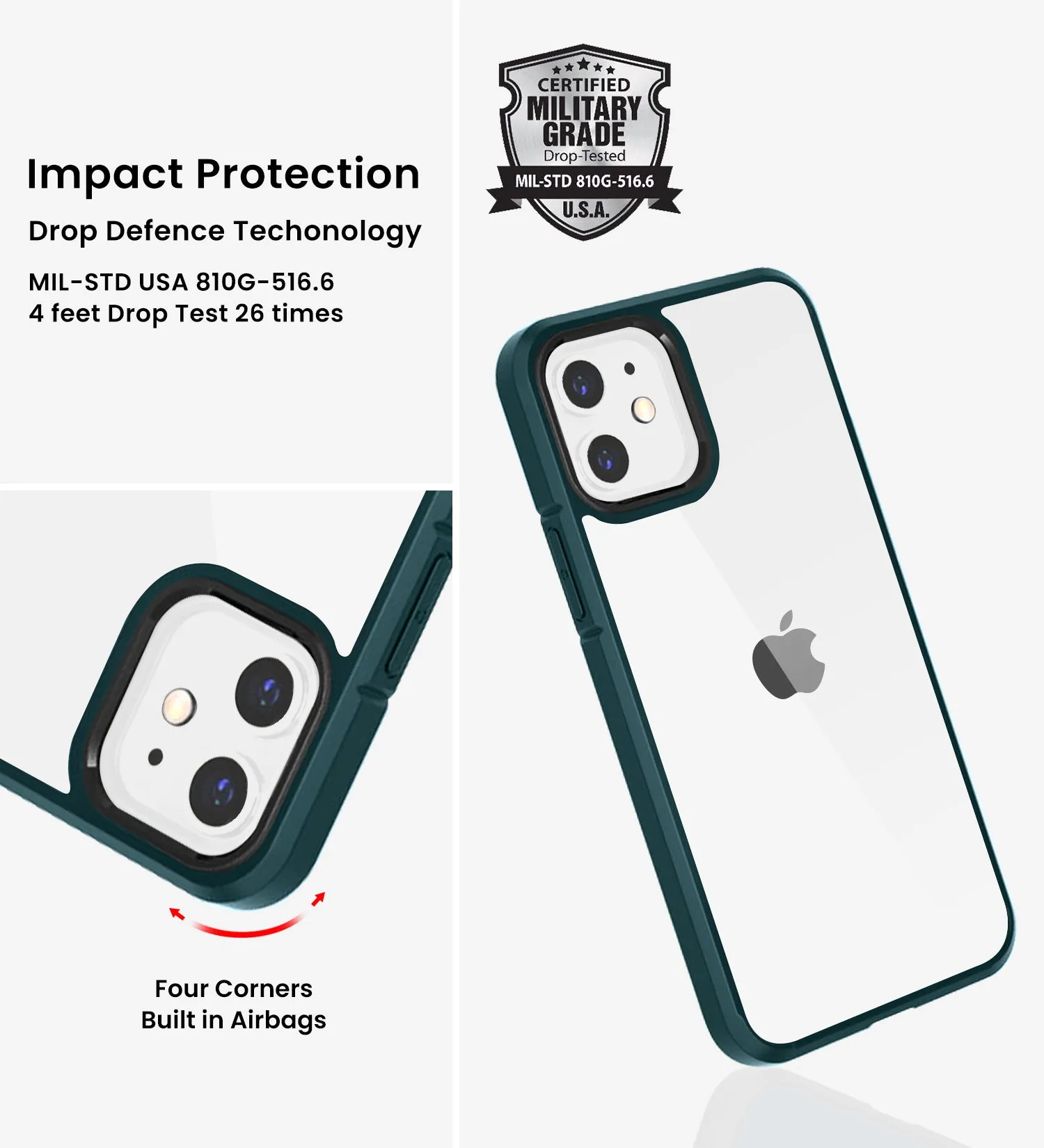 Ice Crystal Series Hybrid Scratch-Resistant Transparent PC Military Grade TPU Back Case for Apple iPhone 12 Mini, 5.4 inch, Military Green