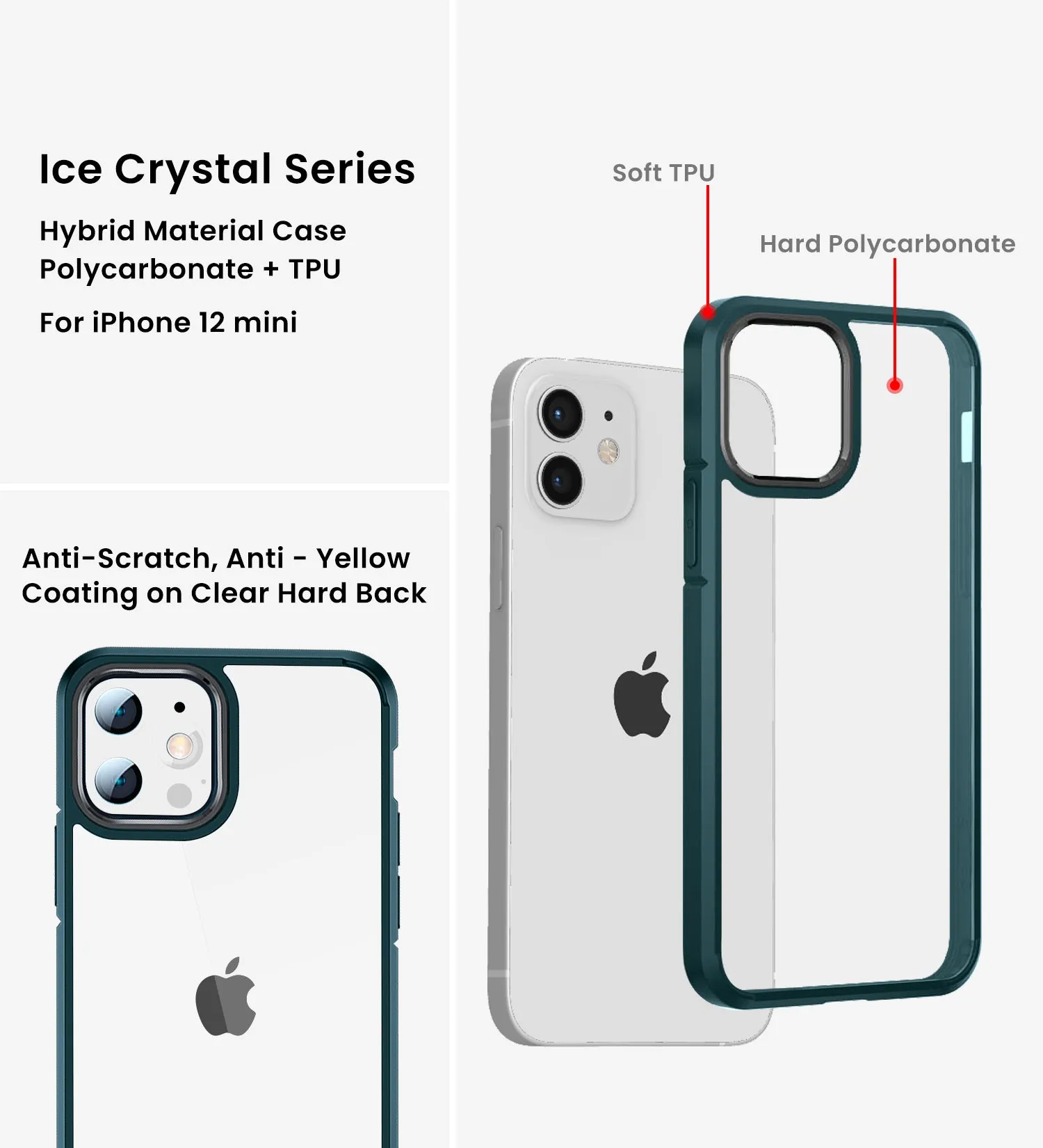 Ice Crystal Series Hybrid Scratch-Resistant Transparent PC Military Grade TPU Back Case for Apple iPhone 12 Mini, 5.4 inch, Military Green