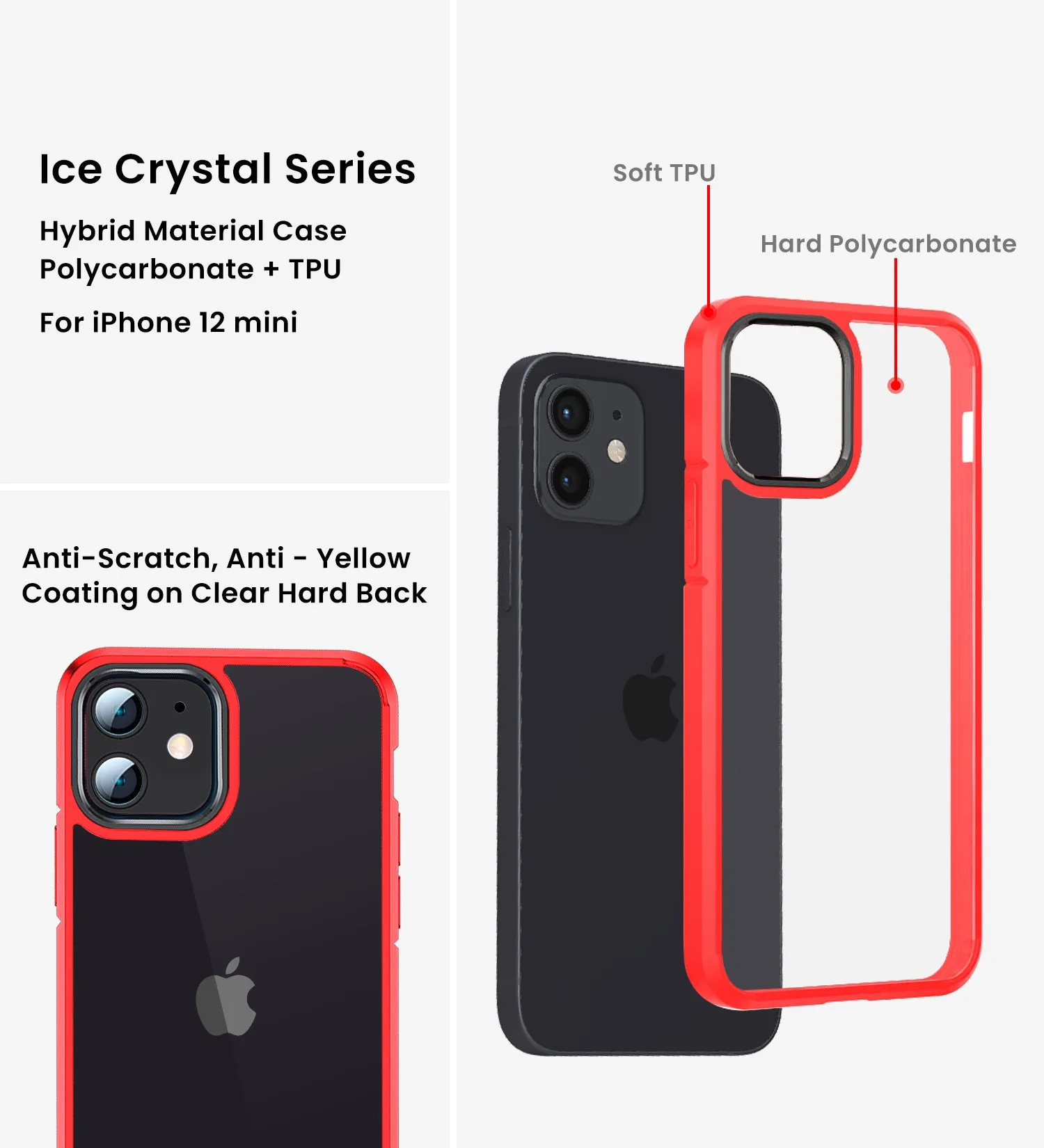 Ice Crystal Series Hybrid Scratch-Resistant Transparent PC Military Grade TPU Back Case for Apple iPhone 12 Mini, 5.4 inch, Real Red