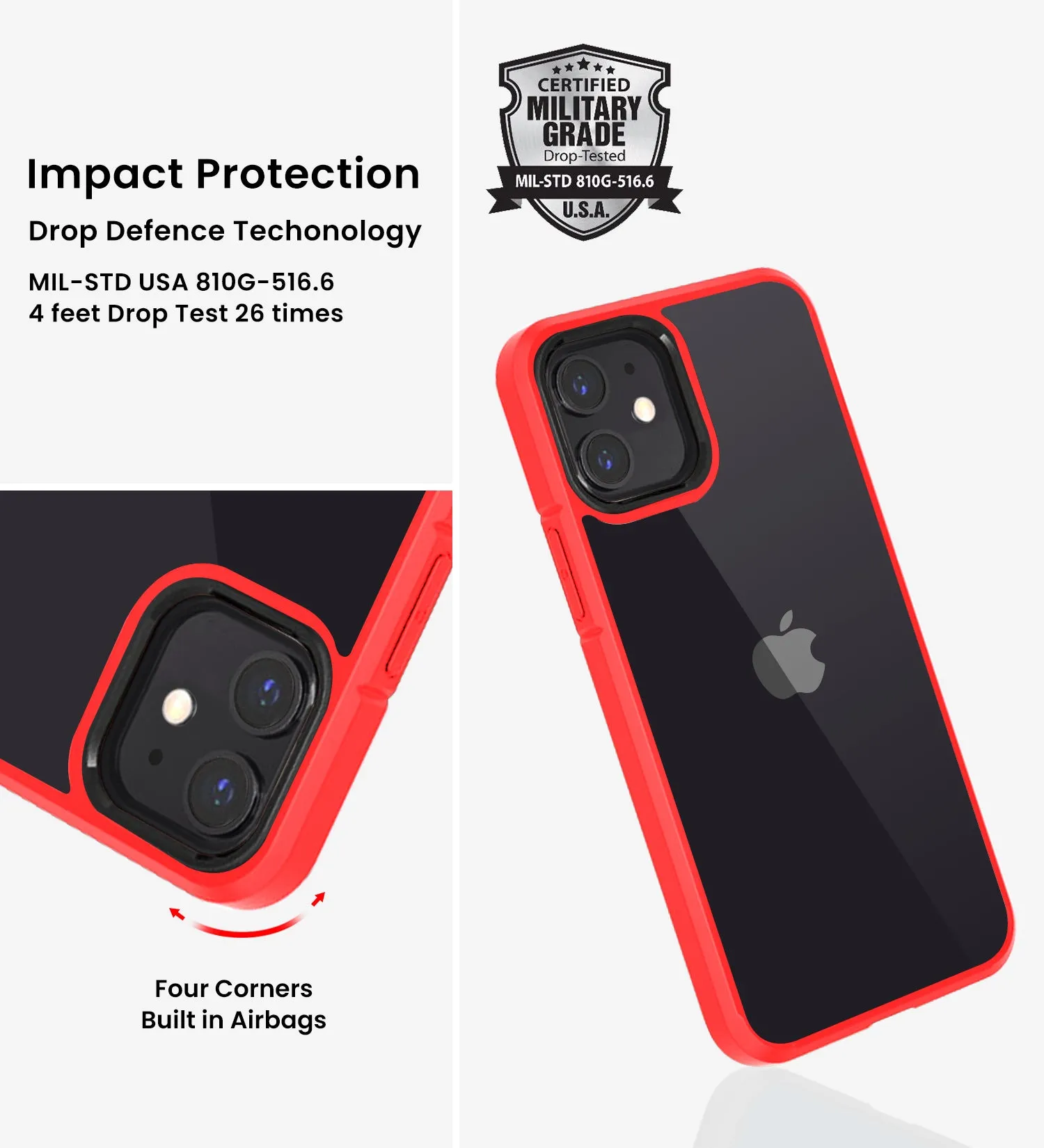 Ice Crystal Series Hybrid Scratch-Resistant Transparent PC Military Grade TPU Back Case for Apple iPhone 12 Mini, 5.4 inch, Real Red