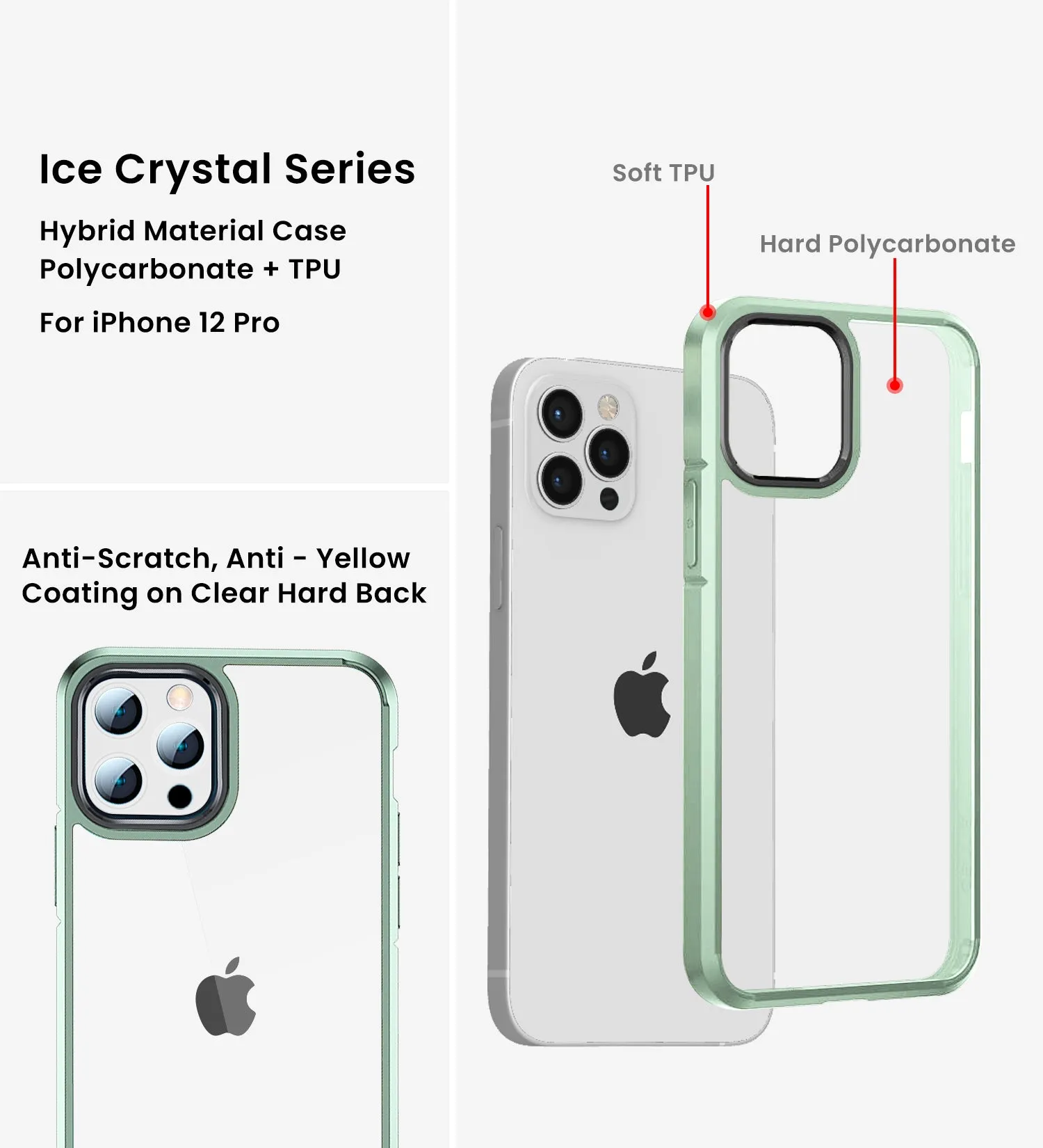 Ice Crystal Series Hybrid Scratch-Resistant Transparent PC Military Grade TPU Back Case for Apple iPhone 12 Pro, 6.1 inch, Light Green
