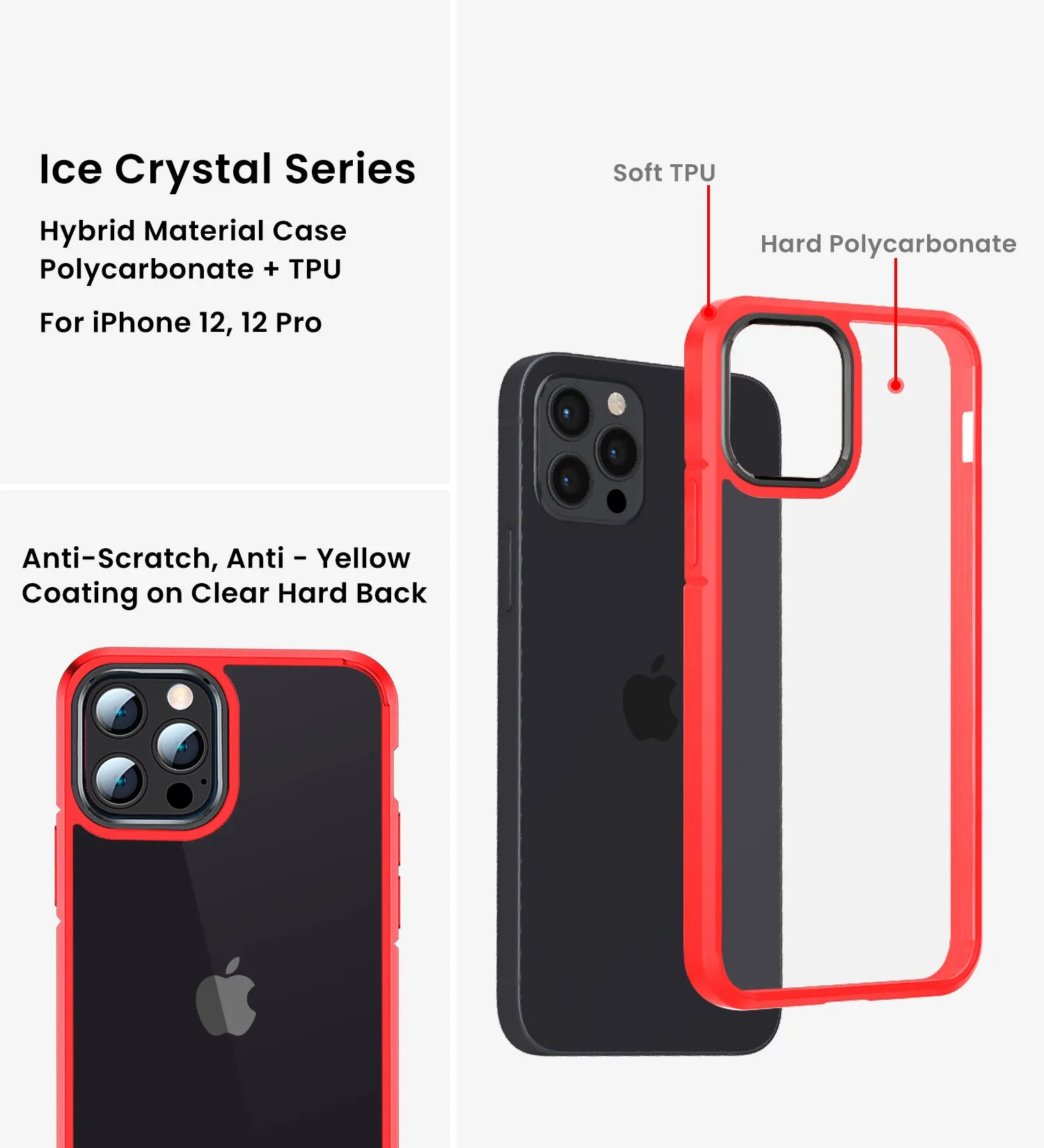 Ice Crystal Series Hybrid Scratch-Resistant Transparent PC Military Grade TPU Back Case for Apple iPhone 12 Pro, 6.1 inch, Real Red