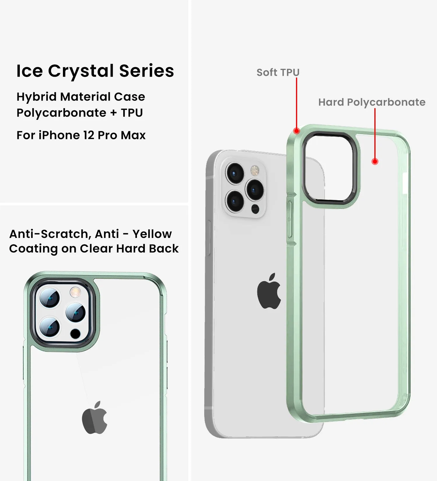 Ice Crystal Series Hybrid Scratch-Resistant Transparent PC Military Grade TPU Back Case for Apple iPhone 12 Pro Max, 6.7 inch, Light Green