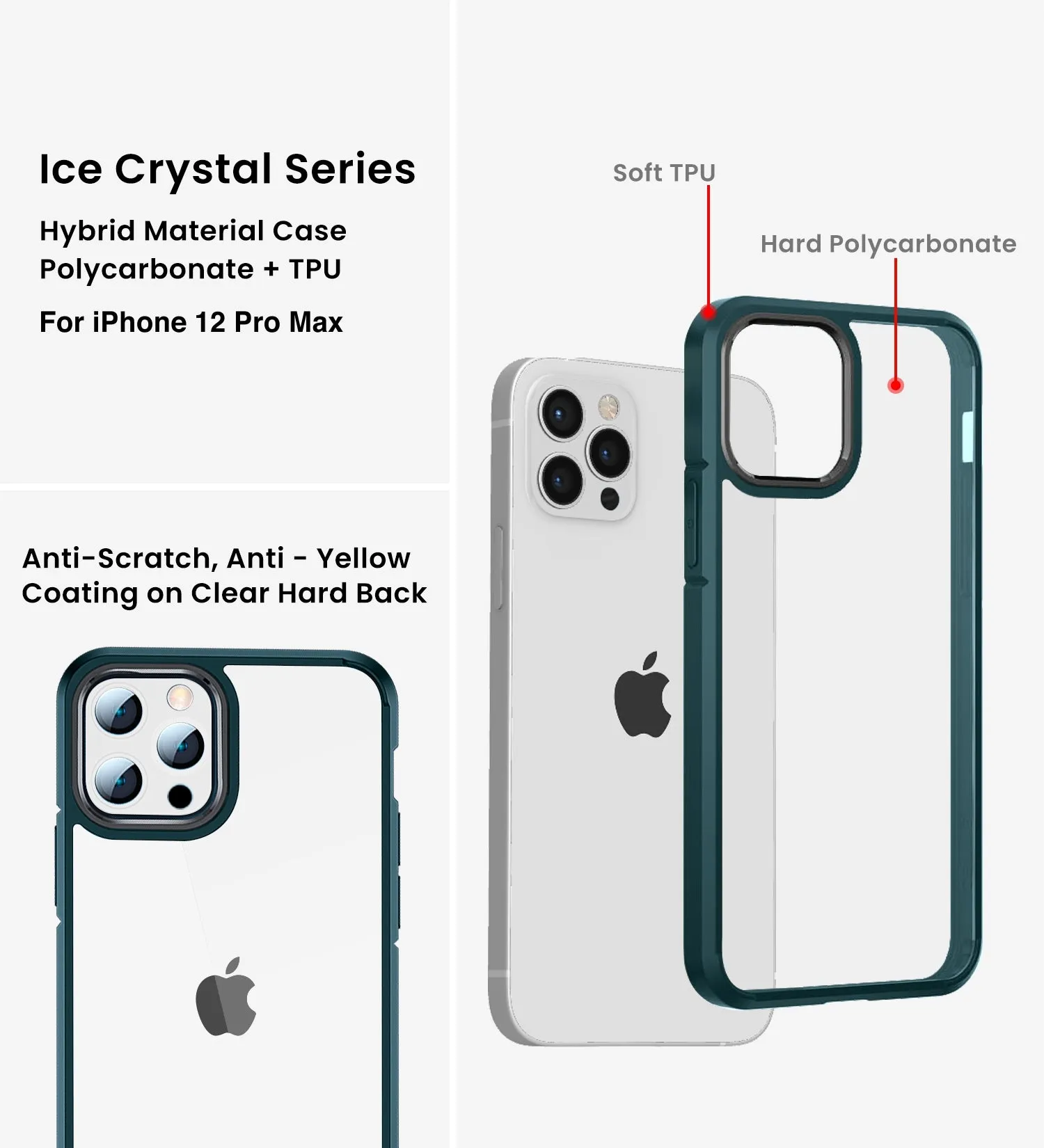 Ice Crystal Series Hybrid Scratch-Resistant Transparent PC Military Grade TPU Back Case for Apple iPhone 12 Pro Max, 6.7 inch, Military Green