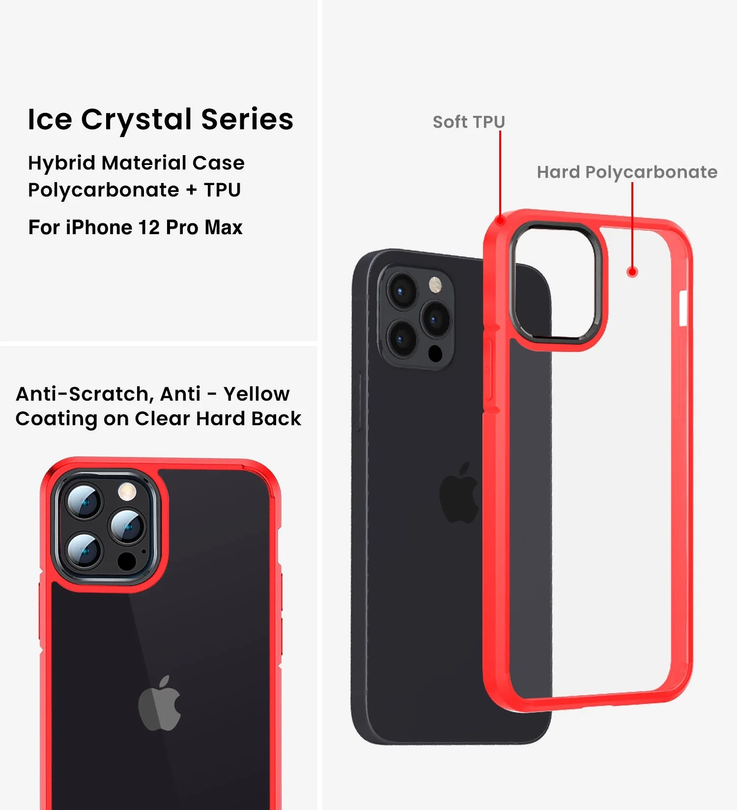 Ice Crystal Series Hybrid Scratch-Resistant Transparent PC Military Grade TPU Back Case for Apple iPhone 12 Pro Max, 6.7 inch, Real Red