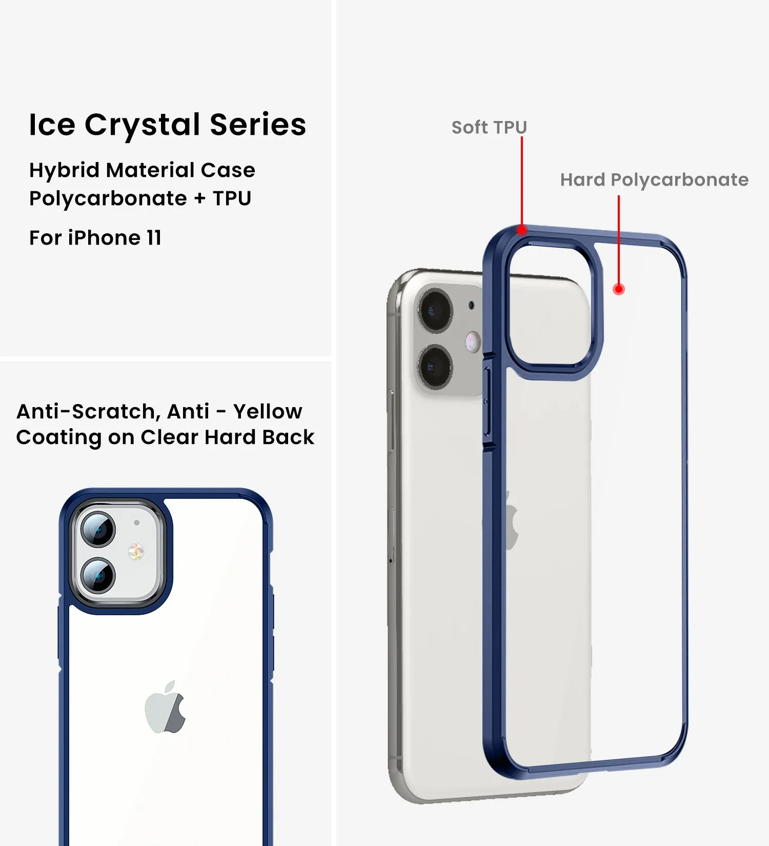 Ice Crystal Series Hybrid Scratch-Resistant Transparent PC Military Grade TPU Back Cover for Apple iPhone 11, 6.1 inch, Deep Blue