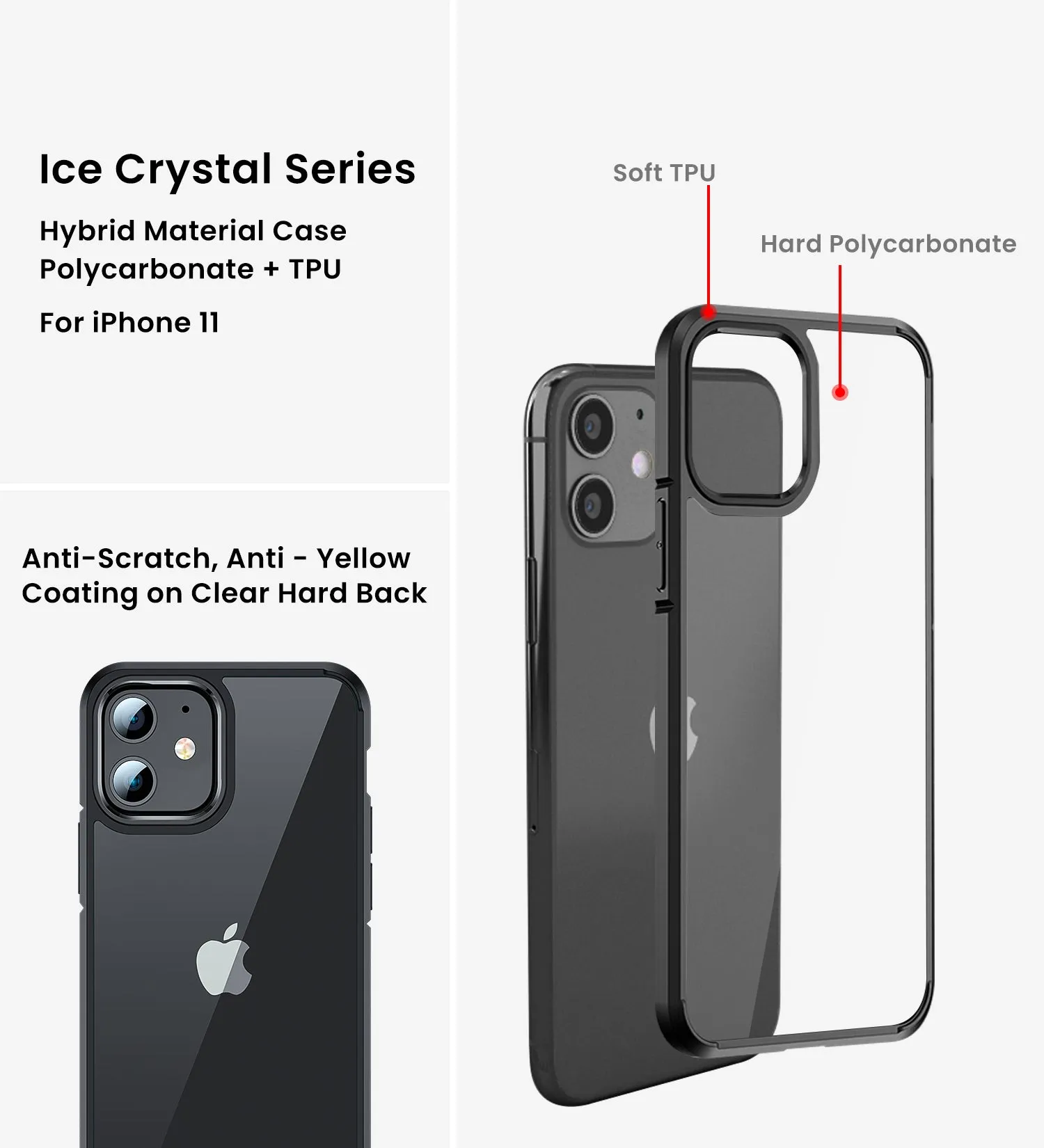 Ice Crystal Series Hybrid Scratch-Resistant Transparent PC Military Grade TPU Back Cover for Apple iPhone 11, 6.1 inch, Space Black