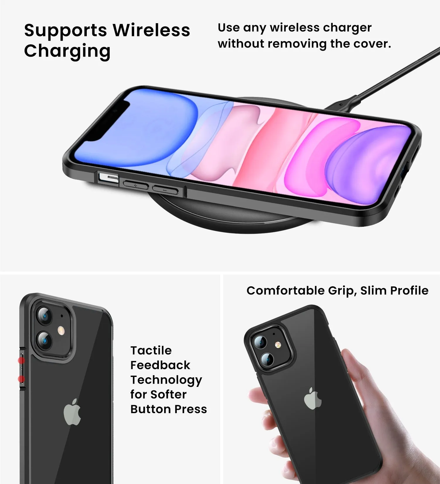 Ice Crystal Series Hybrid Scratch-Resistant Transparent PC Military Grade TPU Back Cover for Apple iPhone 11, 6.1 inch, Space Black