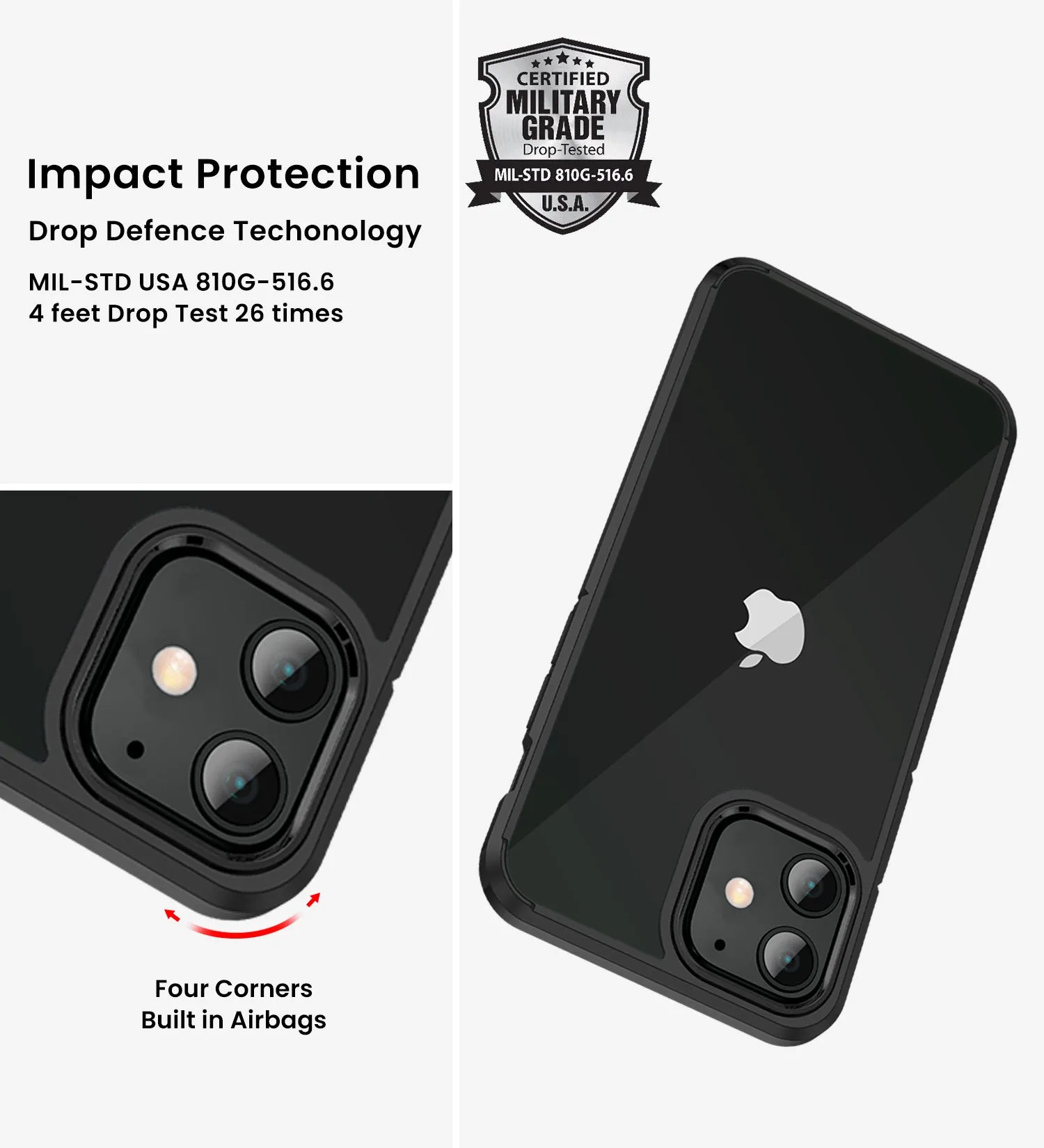 Ice Crystal Series Hybrid Scratch-Resistant Transparent PC Military Grade TPU Back Cover for Apple iPhone 11, 6.1 inch, Space Black