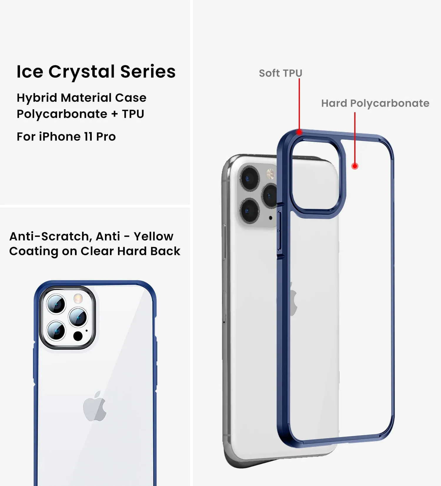 Ice Crystal Series Hybrid Scratch-Resistant Transparent PC Military Grade TPU Back Cover for Apple iPhone 11 Pro, 5.8 inch, Deep Blue