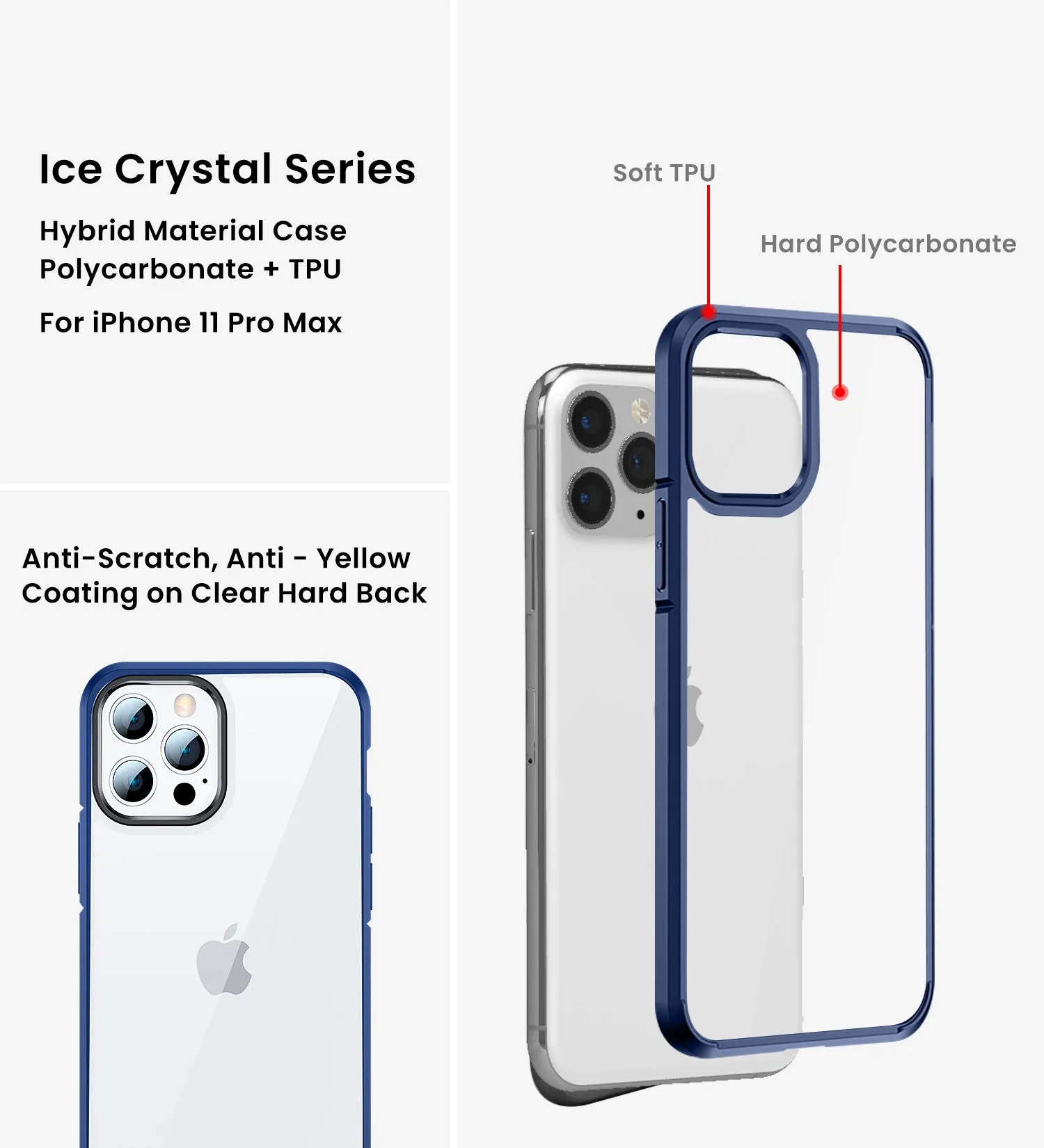 Ice Crystal Series Hybrid Scratch-Resistant Transparent PC Military Grade TPU Back Cover for Apple iPhone 11 Pro Max, 6.5 inch, Deep Blue