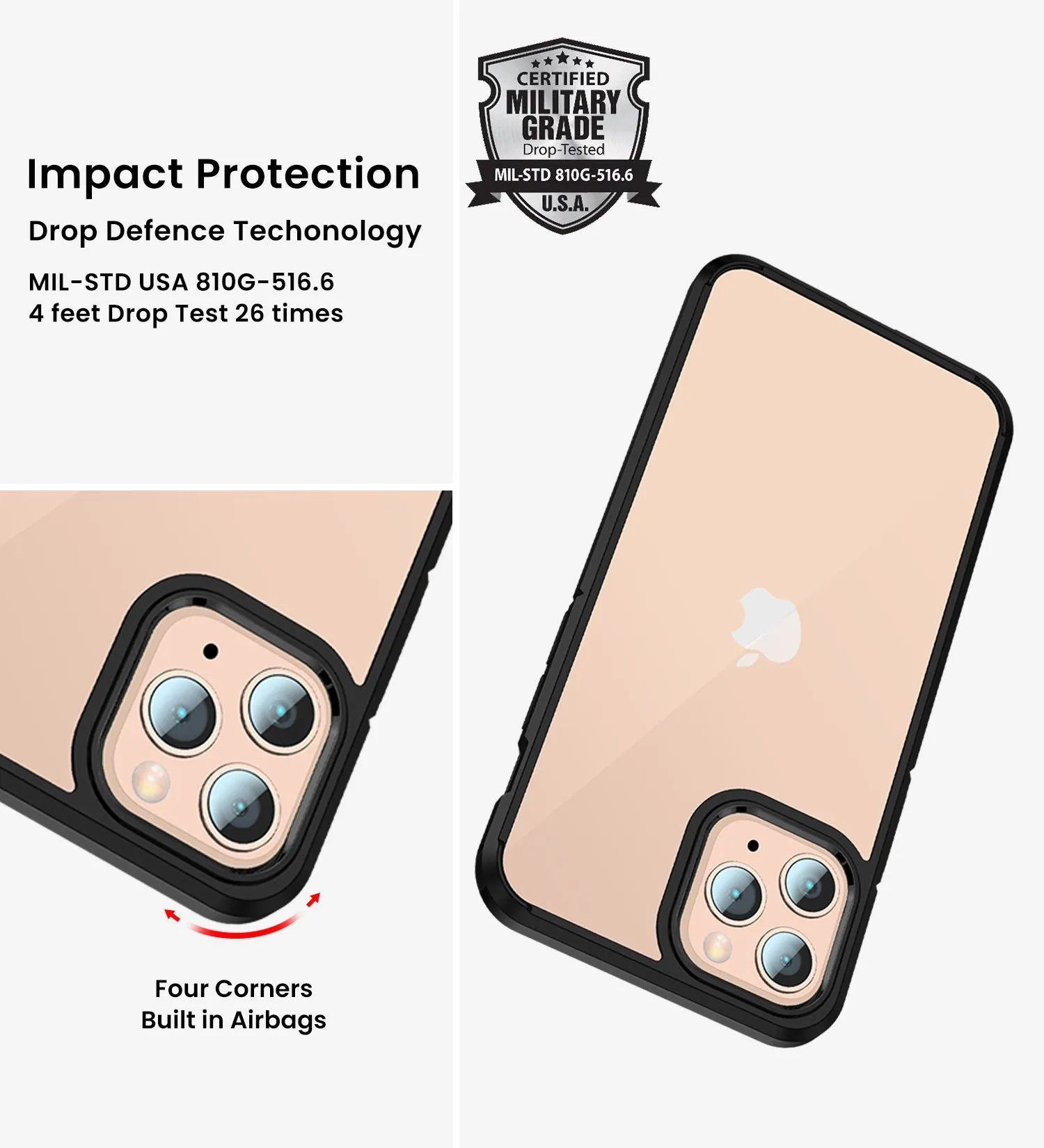 Ice Crystal Series Hybrid Scratch-Resistant Transparent PC Military Grade TPU Back Cover for Apple iPhone 11 Pro Max, 6.5 inch, Space Black