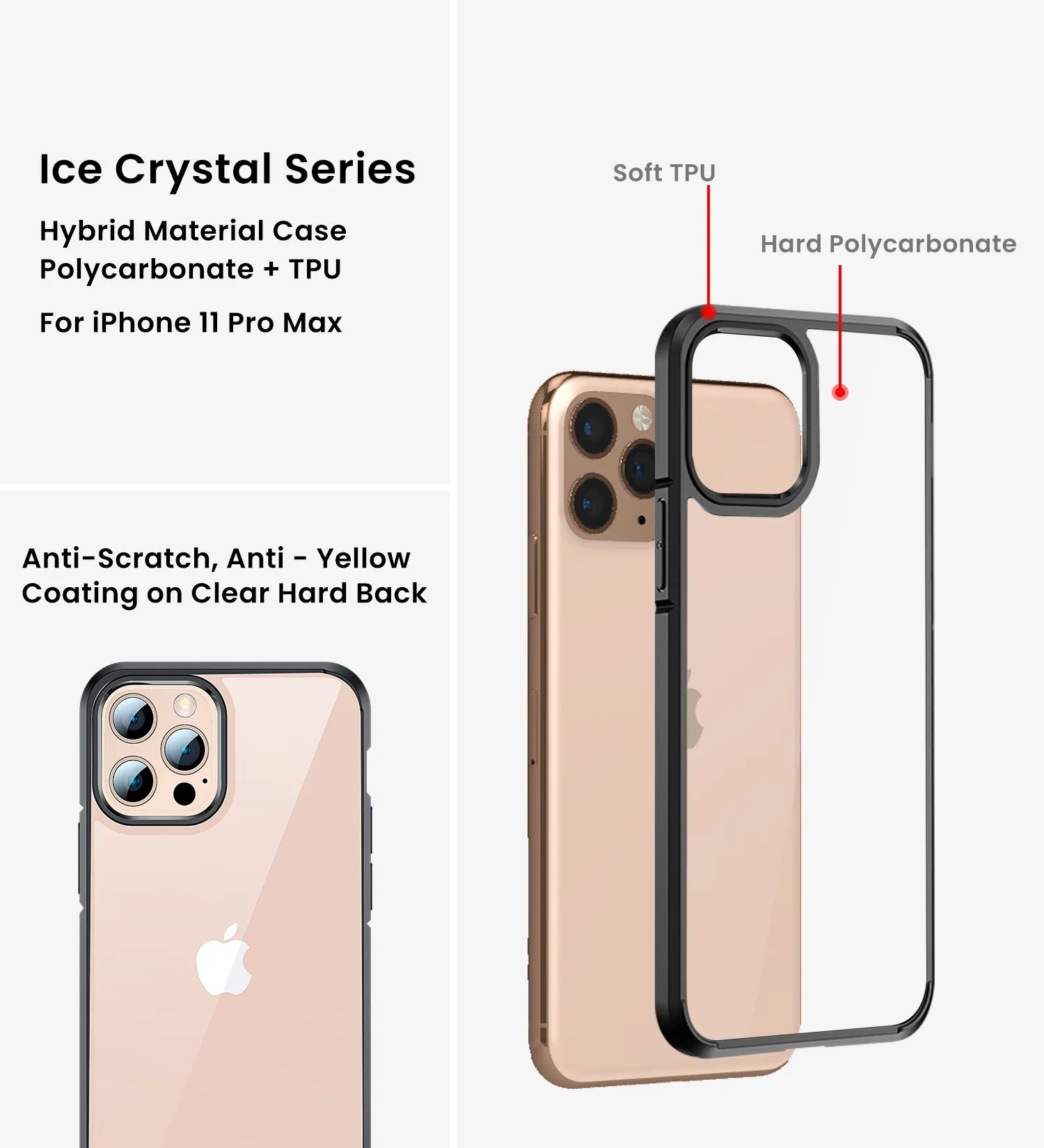 Ice Crystal Series Hybrid Scratch-Resistant Transparent PC Military Grade TPU Back Cover for Apple iPhone 11 Pro Max, 6.5 inch, Space Black