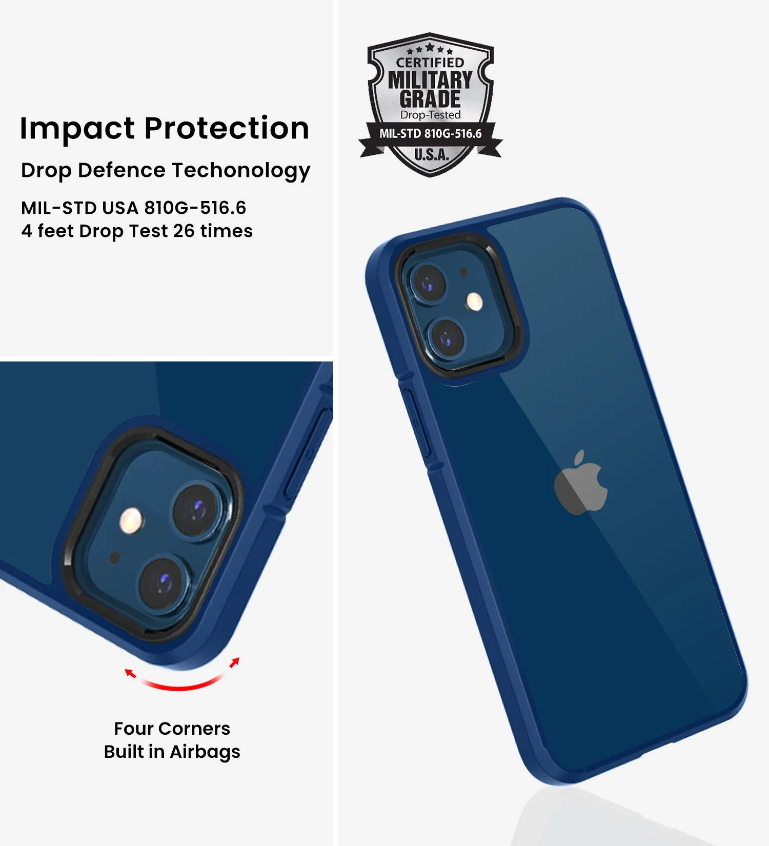 Ice Crystal Series Hybrid Scratch-Resistant Transparent PC Military Grade TPU Back Cover for Apple iPhone 12, 6.1 inch, Deep Blue