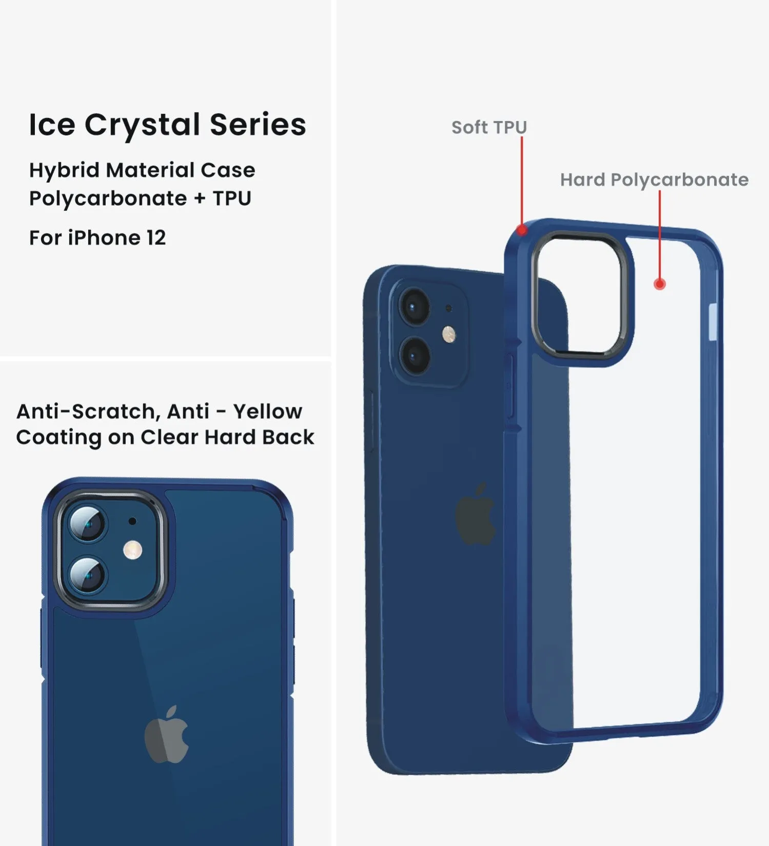 Ice Crystal Series Hybrid Scratch-Resistant Transparent PC Military Grade TPU Back Cover for Apple iPhone 12, 6.1 inch, Deep Blue