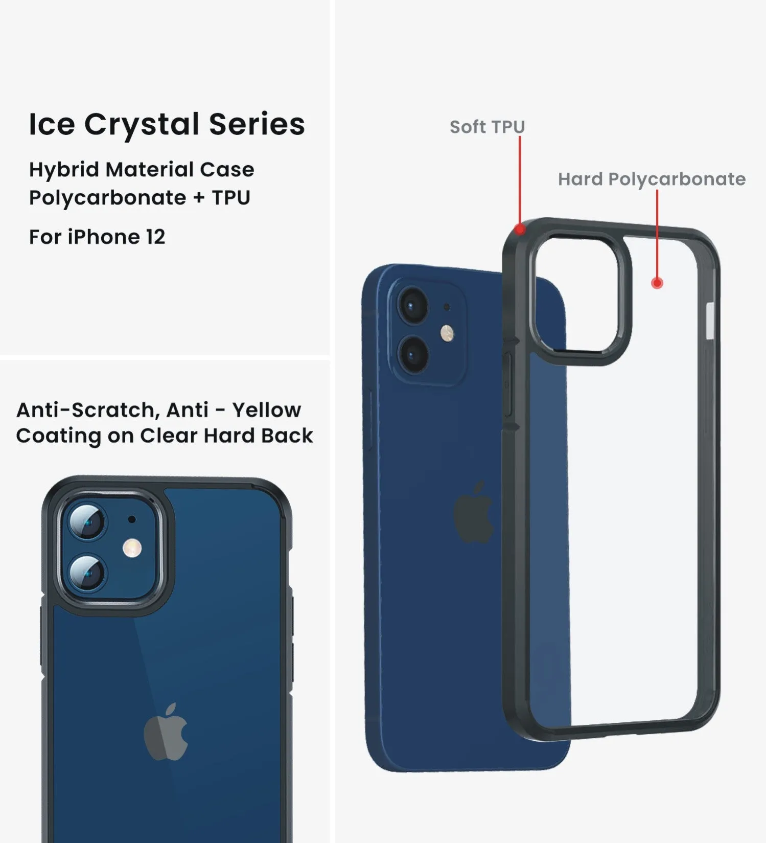 Ice Crystal Series Hybrid Scratch-Resistant Transparent PC Military Grade TPU Back Cover for Apple iPhone 12, 6.1 inch, Space Black
