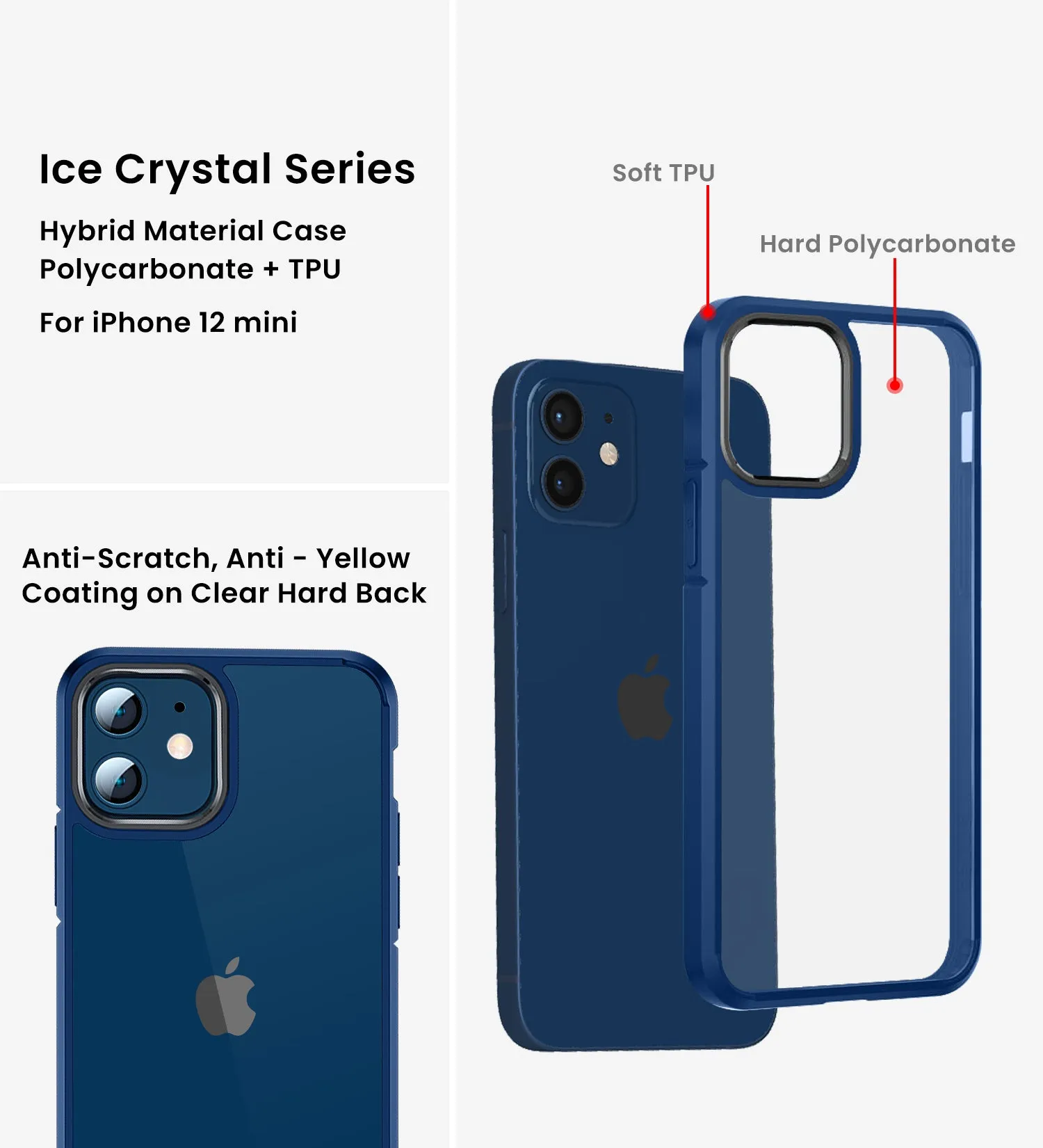 Ice Crystal Series Hybrid Scratch-Resistant Transparent PC Military Grade TPU Back Cover for Apple iPhone 12 Mini, 5.4 inch, Deep Blue