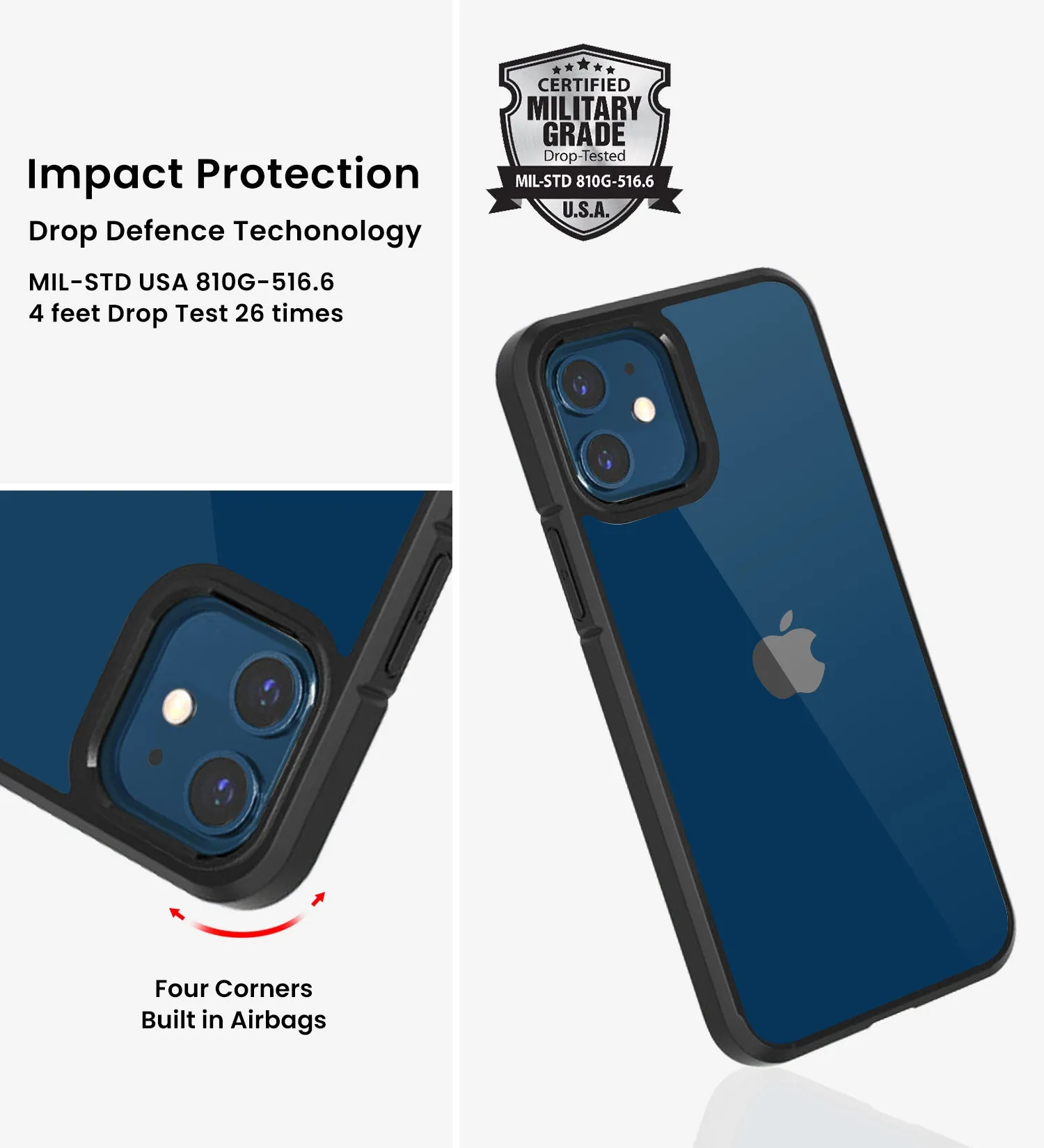 Ice Crystal Series Hybrid Scratch-Resistant Transparent PC Military Grade TPU Back Cover for Apple iPhone 12 Mini, 5.4 inch, Space Black