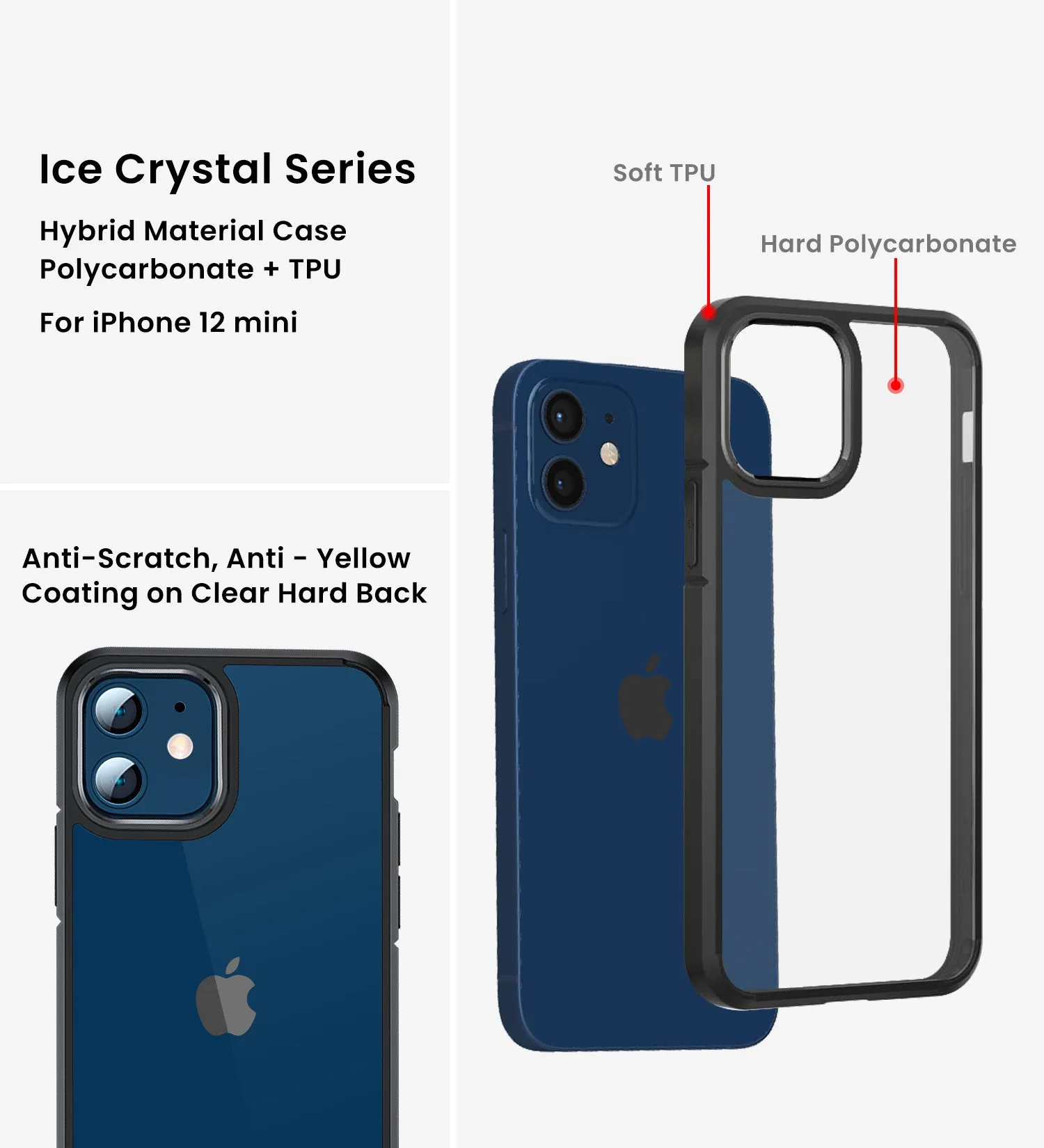 Ice Crystal Series Hybrid Scratch-Resistant Transparent PC Military Grade TPU Back Cover for Apple iPhone 12 Mini, 5.4 inch, Space Black