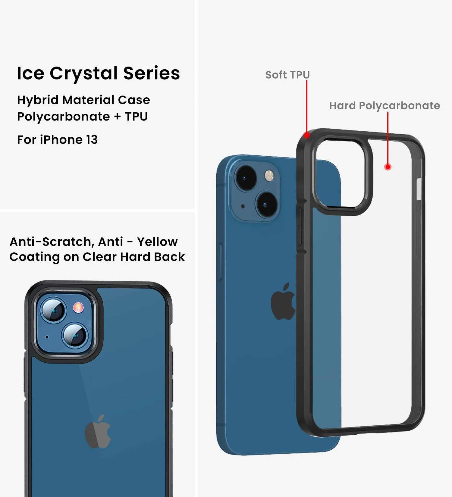 Ice Crystal Series Hybrid Scratch-Resistant Transparent PC Military Grade TPU Back Cover for Apple iPhone 13 Mini, 5.4 inch, Space Black