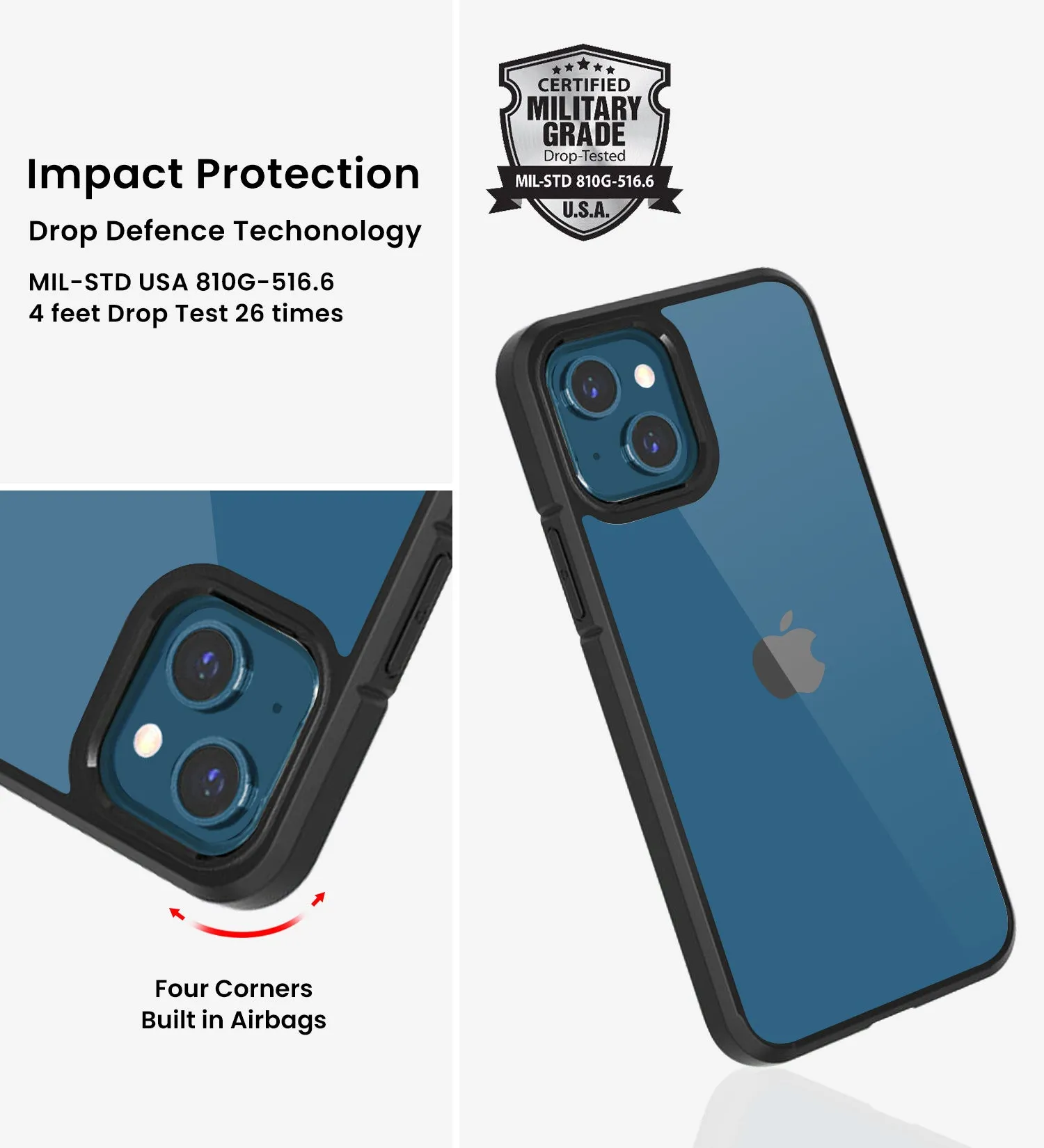 Ice Crystal Series Hybrid Scratch-Resistant Transparent PC Military Grade TPU Back Cover for Apple iPhone 13 Mini, 5.4 inch, Space Black