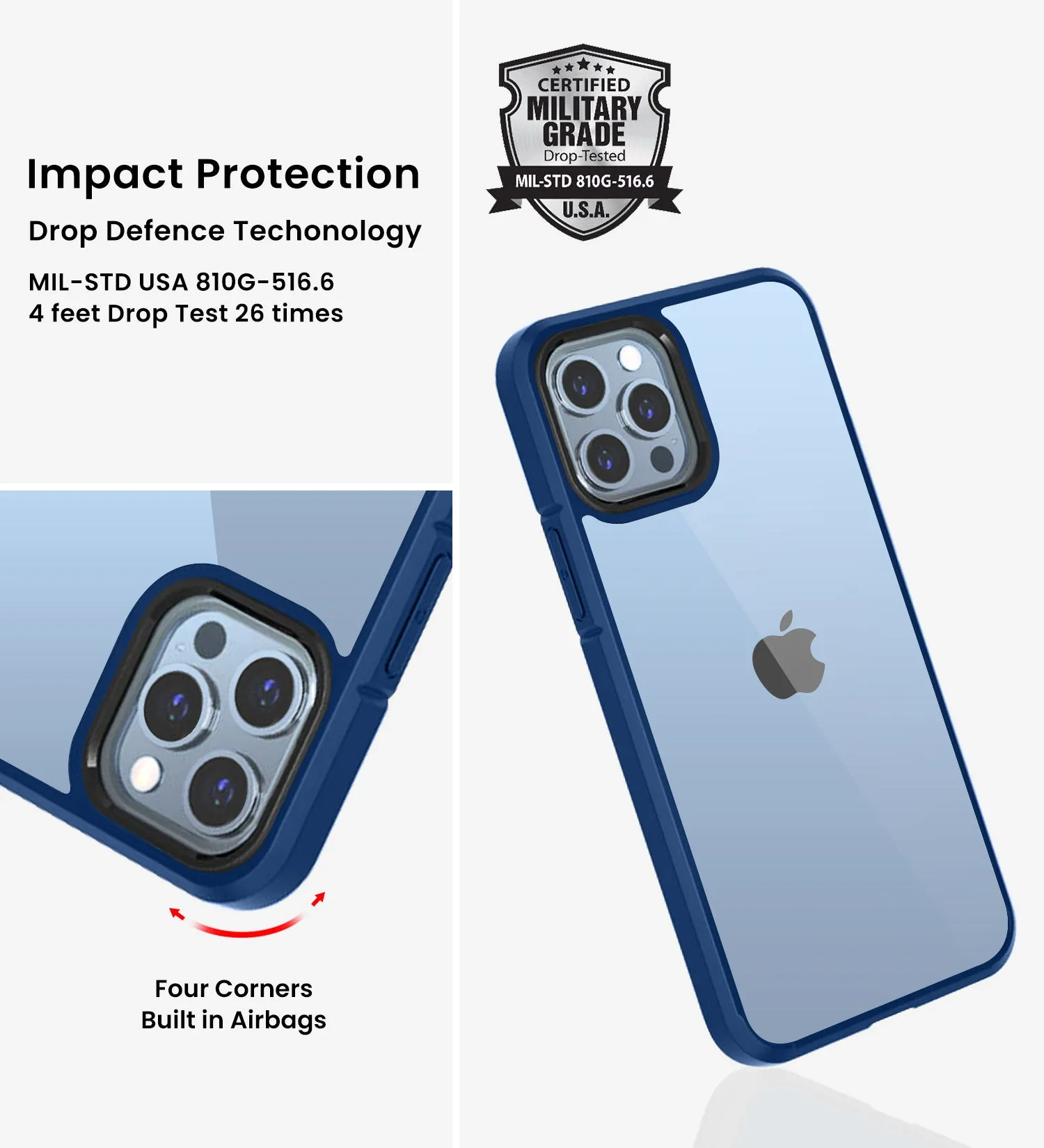 Ice Crystal Series Hybrid Scratch-Resistant Transparent PC Military Grade TPU Back Cover for Apple iPhone 13 Pro Max, 6.7 inch, Deep Blue