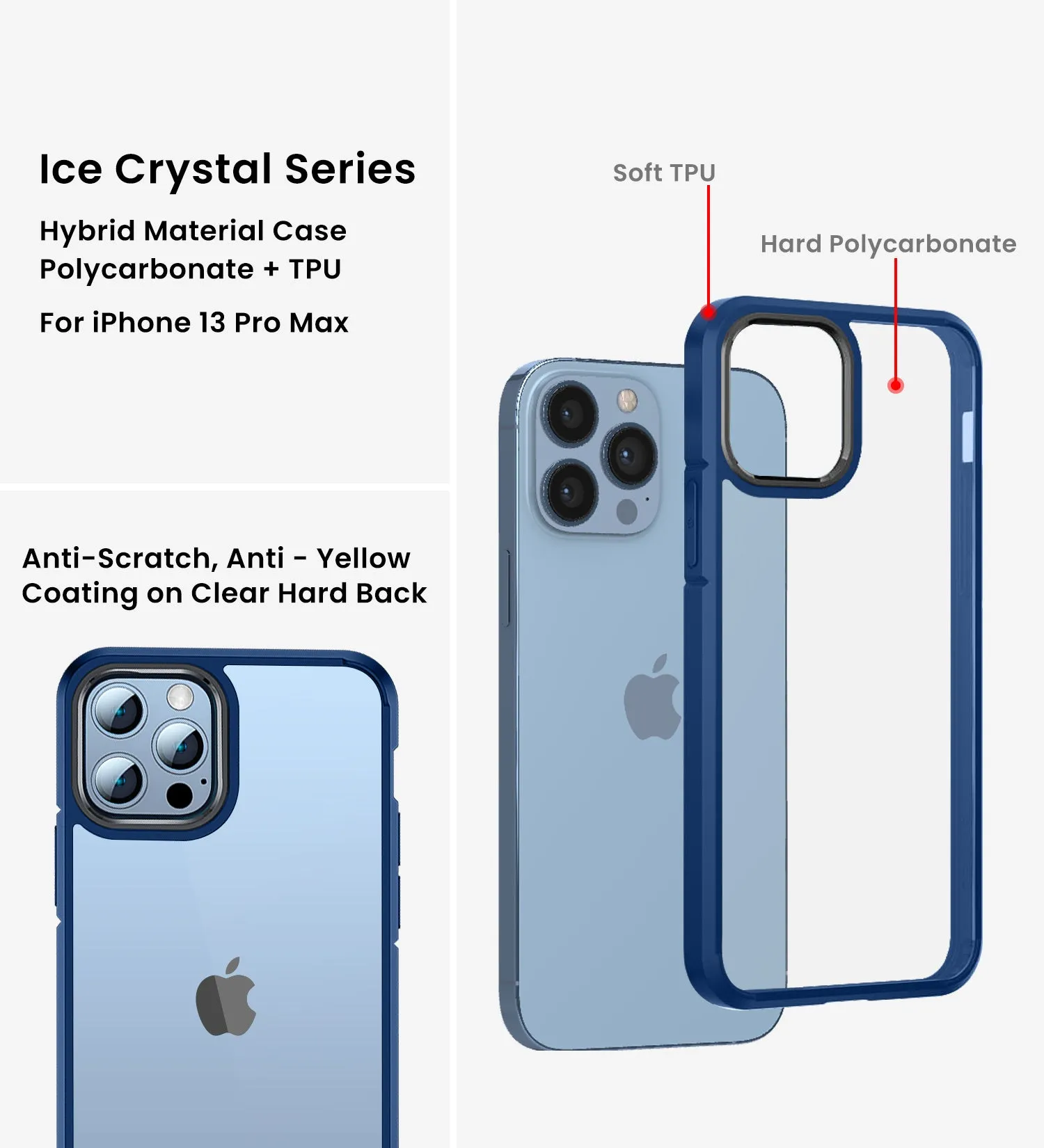 Ice Crystal Series Hybrid Scratch-Resistant Transparent PC Military Grade TPU Back Cover for Apple iPhone 13 Pro Max, 6.7 inch, Deep Blue