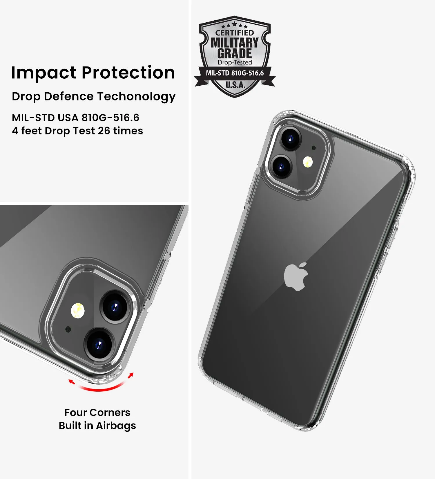 Ice Crystal Series Hybrid Scratch-Resistant Transparent PC Military Grade TPU Case for Apple iPhone 11, 6.1 inch, Crystal Clear
