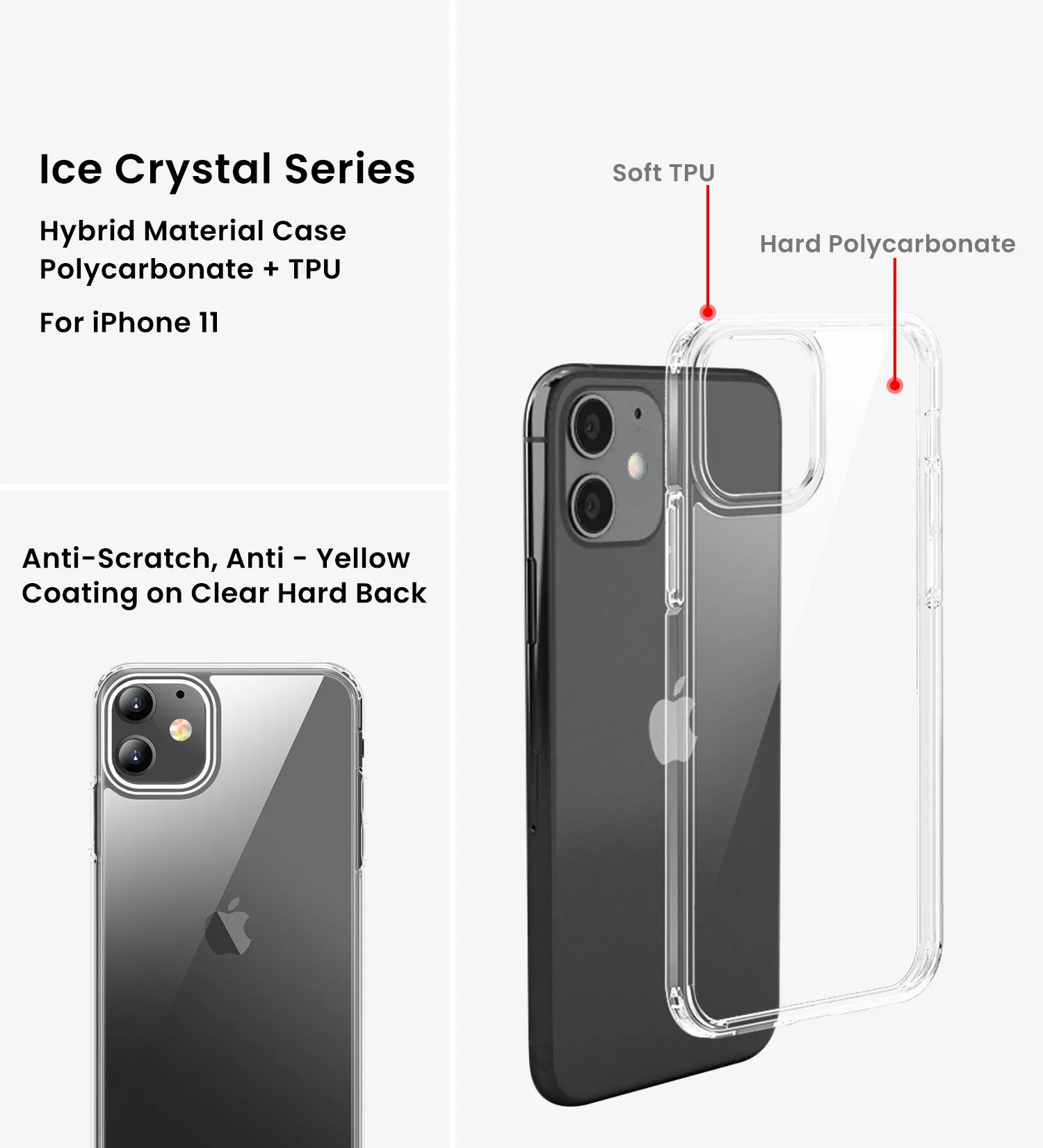 Ice Crystal Series Hybrid Scratch-Resistant Transparent PC Military Grade TPU Case for Apple iPhone 11, 6.1 inch, Crystal Clear