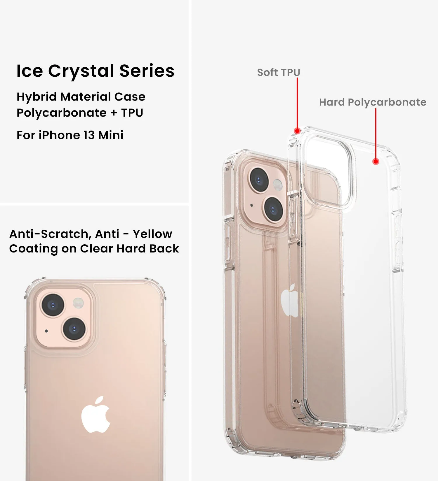 Ice Crystal Series Hybrid Scratch-Resistant Transparent PC Military Grade TPU Case for Apple iPhone 13 Mini, 5.4 inch, Crystal Clear