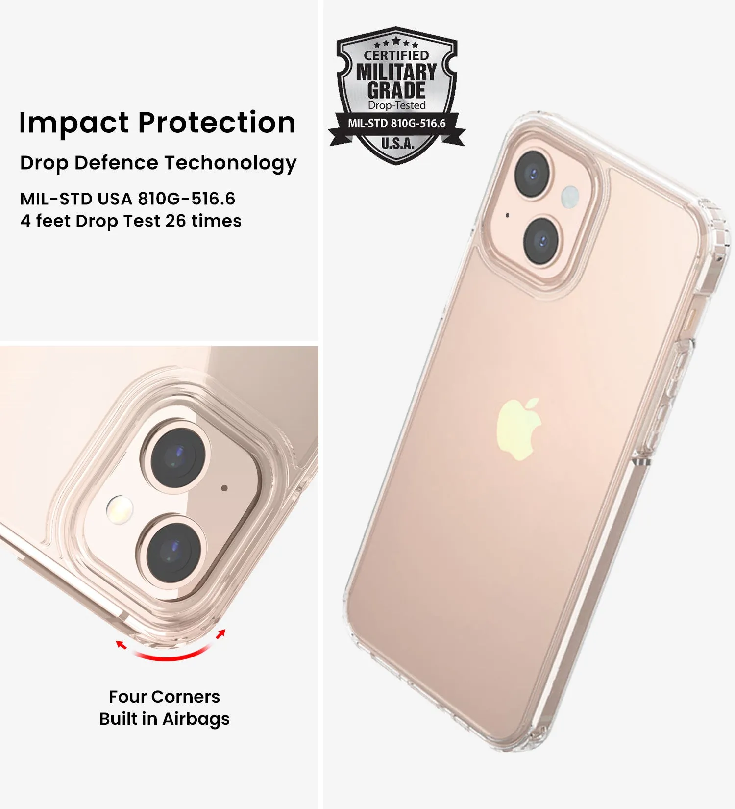 Ice Crystal Series Hybrid Scratch-Resistant Transparent PC Military Grade TPU Case for Apple iPhone 13 Mini, 5.4 inch, Crystal Clear