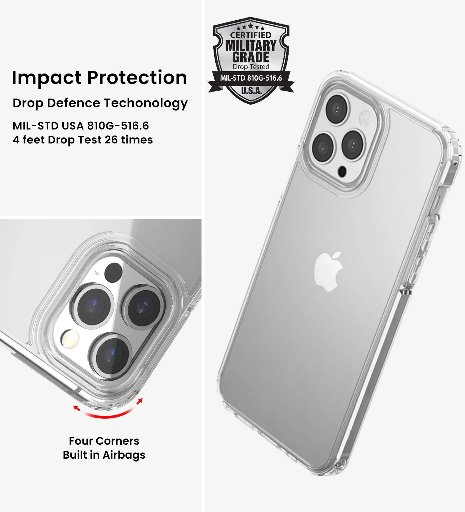 Ice Crystal Series Hybrid Scratch-Resistant Transparent PC Military Grade TPU Case for Apple iPhone 13 Pro, 6.1 inch, Crystal Clear