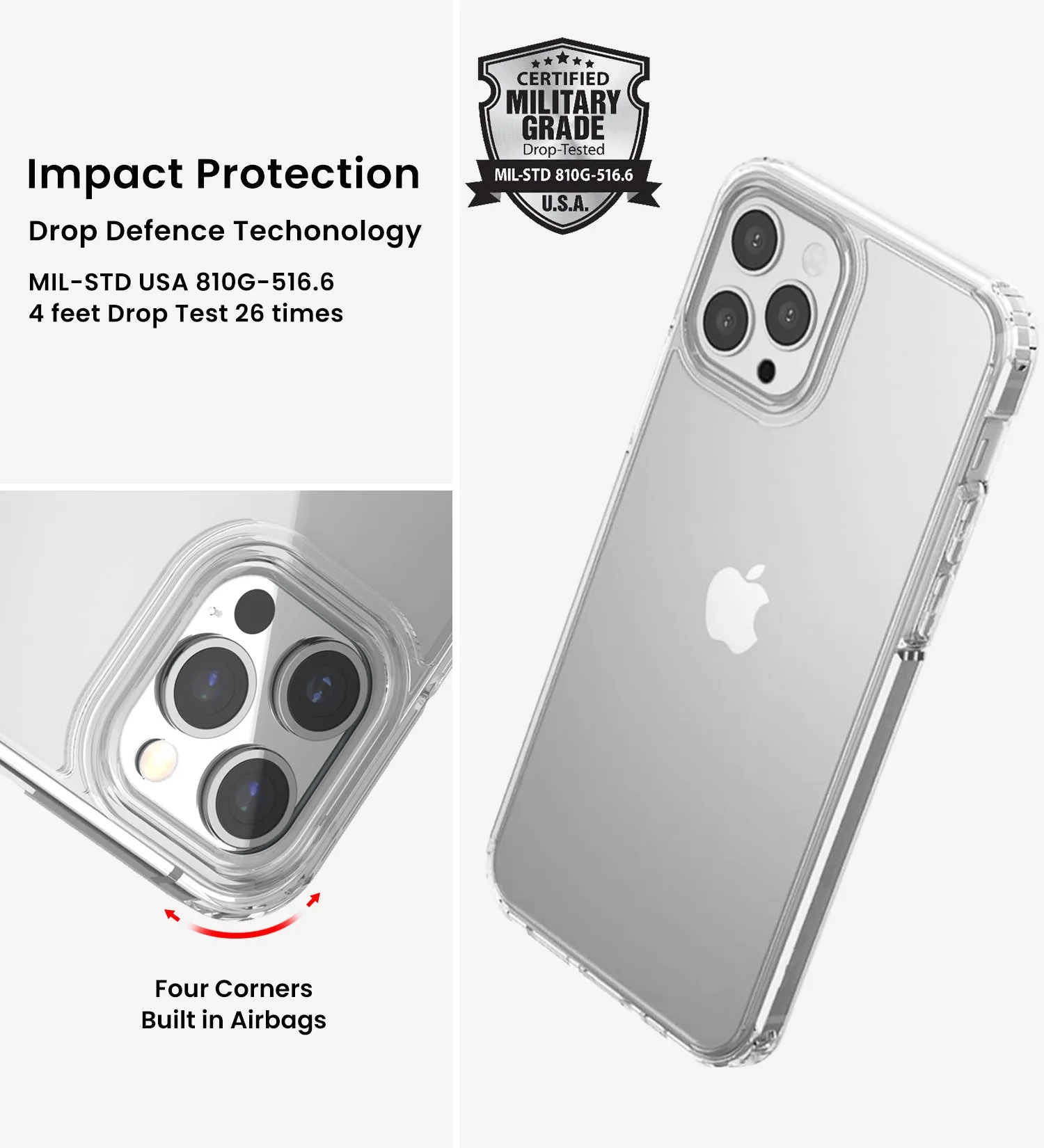 Ice Crystal Series Hybrid Scratch-Resistant Transparent PC Military Grade TPU Case for Apple iPhone 13 Pro Max, 6.7 inch, Crystal Clear
