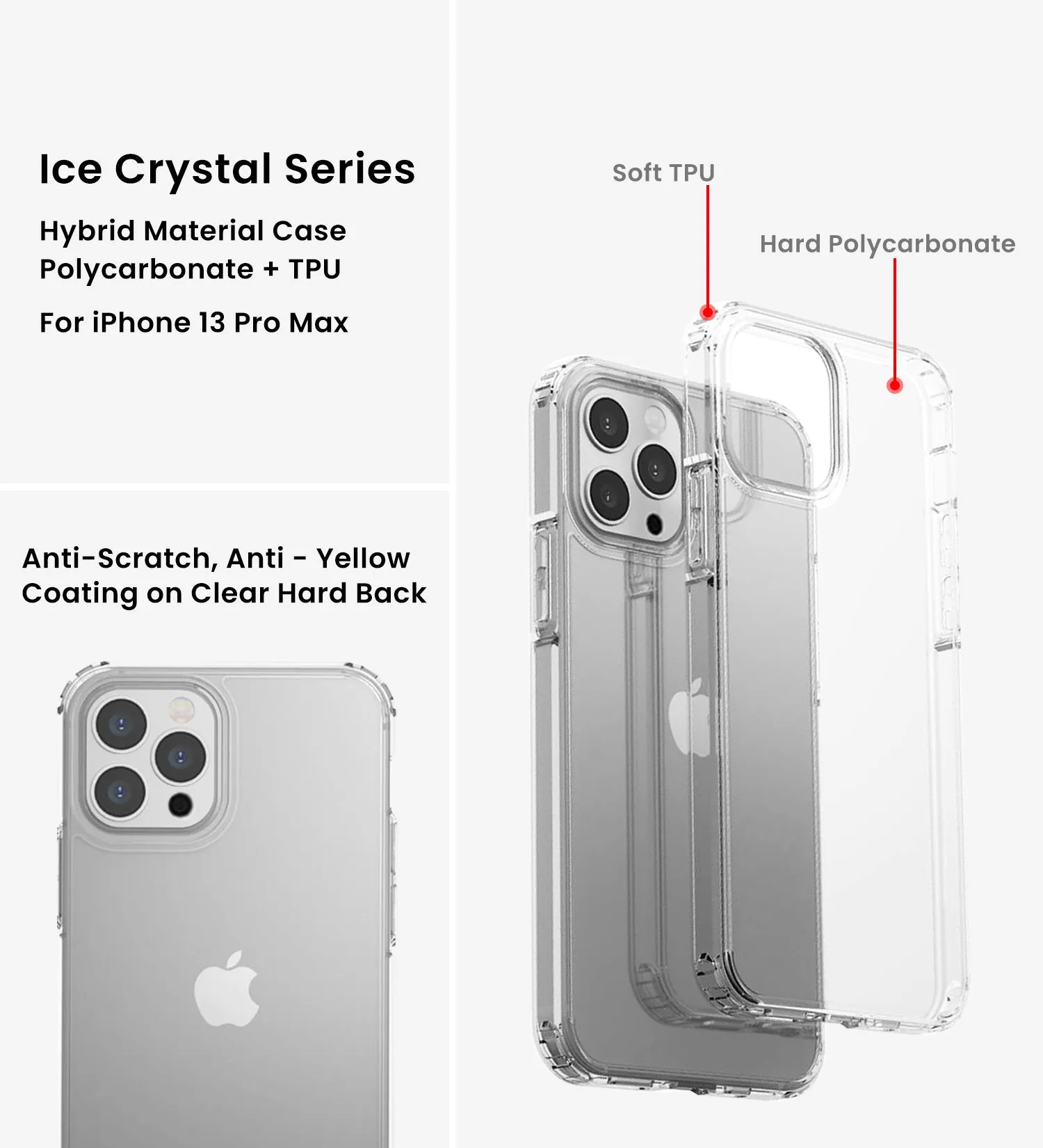 Ice Crystal Series Hybrid Scratch-Resistant Transparent PC Military Grade TPU Case for Apple iPhone 13 Pro Max, 6.7 inch, Crystal Clear